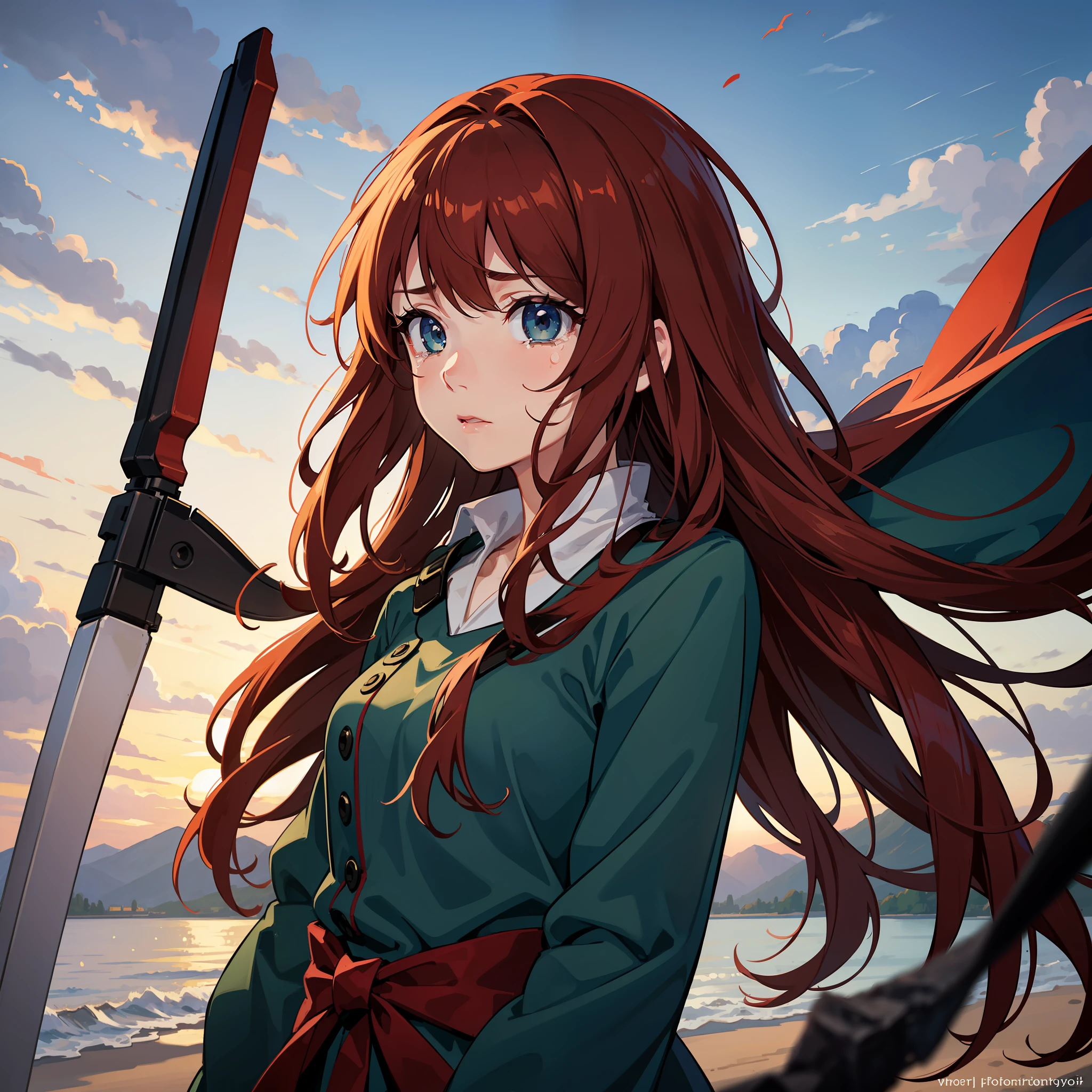 girl with tears on her face on top of a hill watching the war with several dead, looking forward, blood, looking at the sky, calling her dragon, red dragon, hands to grab her sword at her waist, poera catching her face, anime style, Dreamshaper drawing, brown red hair, loose hair, bright green eyes, pretty face, detailed hair, detailed eyes, detailed face, sunset, bright lighting, top view perspective, full body, slender, multi-focus perspective image