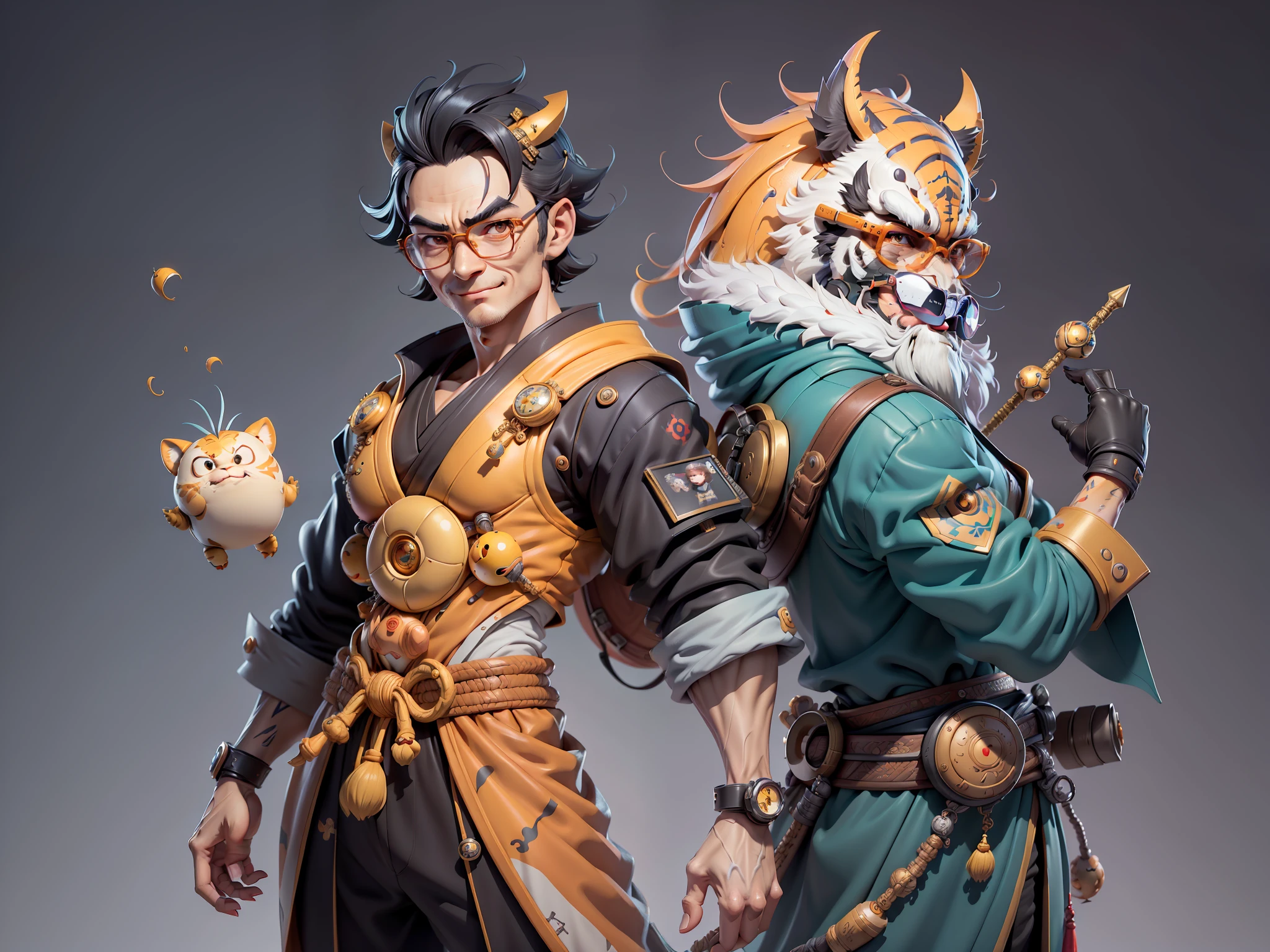 (Masterpiece), (Excellent), (Super Meticulous), (Full Body: 1.2), Super Young Man with Japanese Female Geisha, Pretty, Beautiful, Chinese Dragon, Tiger, Wind God Thor, Sexy, Bursting, Oriental Face, TV Anchor, Bust Portrait Illustration, Black Suit, Blue Tie, Slightly Chubby Face, Silver Glasses, Very Clean Face, No Beard on Chin, Black Super Short Hair, Black Eyes, Confident Smile, 3c Computer Sub-Products, iPad, iPhone, Digital Painting, 3D character design by Mark Clairedon and Pixar and Hayao Miyazaki and Akira Toriyama, the illustrations are HD illustrations in 4K resolution with highly detailed facial features and cartoon-style visuals.