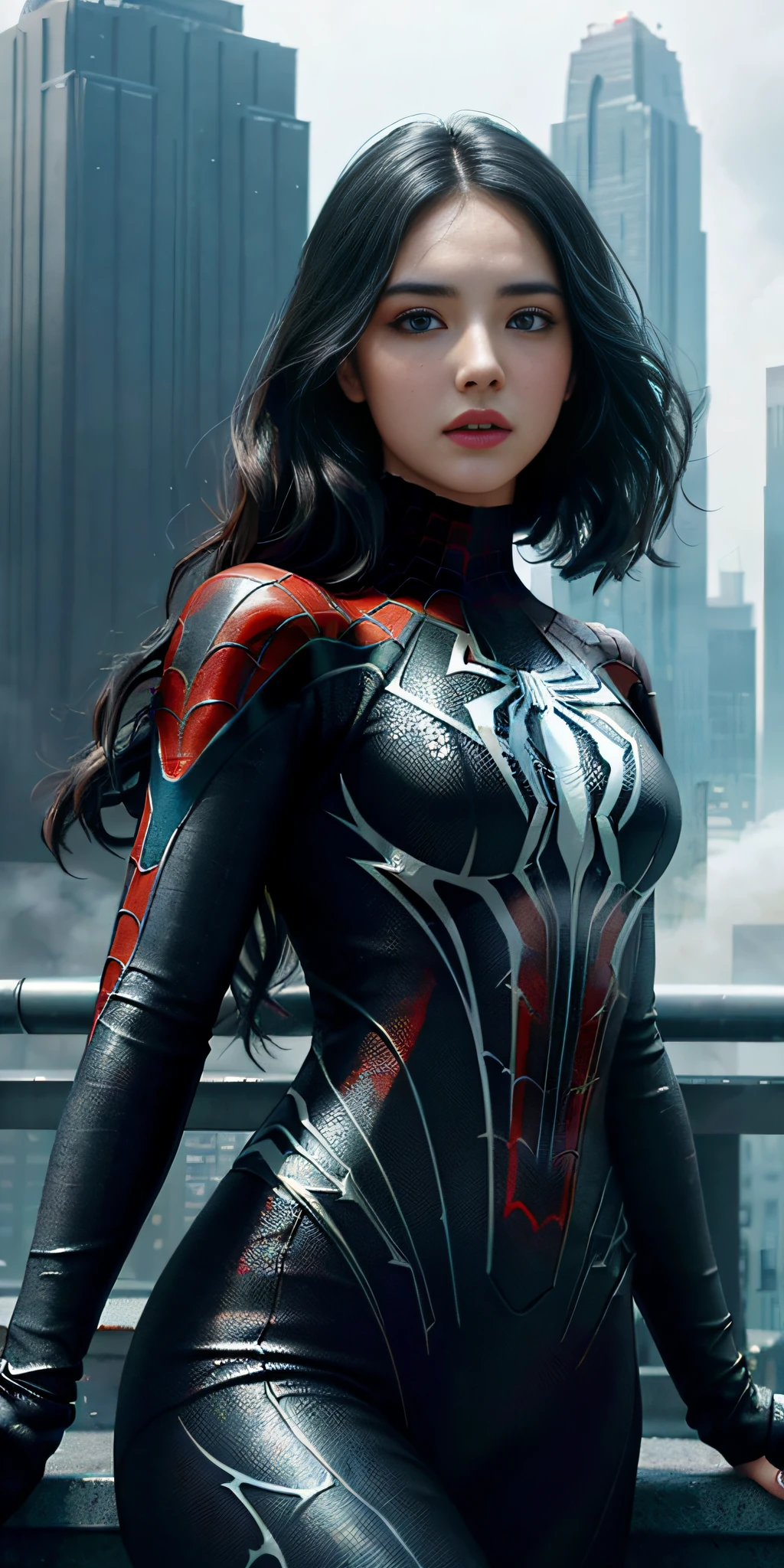 (1girl:1.3), Solo, (((Very detailed face)))), ((Very detailed eyes and face)))), Beautiful detail eyes, Body parts__, Official art, Unified 8k wallpaper, Super detailed, beautiful and beautiful, beautiful, masterpiece, best quality, original, masterpiece, super fine photo, best quality, super high resolution, realistic realism, sunlight, full body portrait, amazing beauty, dynamic pose, delicate face, vibrant eyes, (from the front), She wears Venom Black Spider-Man suit, black color scheme, spider, very detailed city roof background, rooftop, overlooking the city, detailed face, detailed complex busy background, messy, gorgeous, milky white, highly detailed skin, realistic skin details, visible pores, clear focus, volumetric fog, 8k uhd, DSLR, high quality, film grain, fair skin, photo realism, lomography, futuristic dystopian megalopolis, translucent
