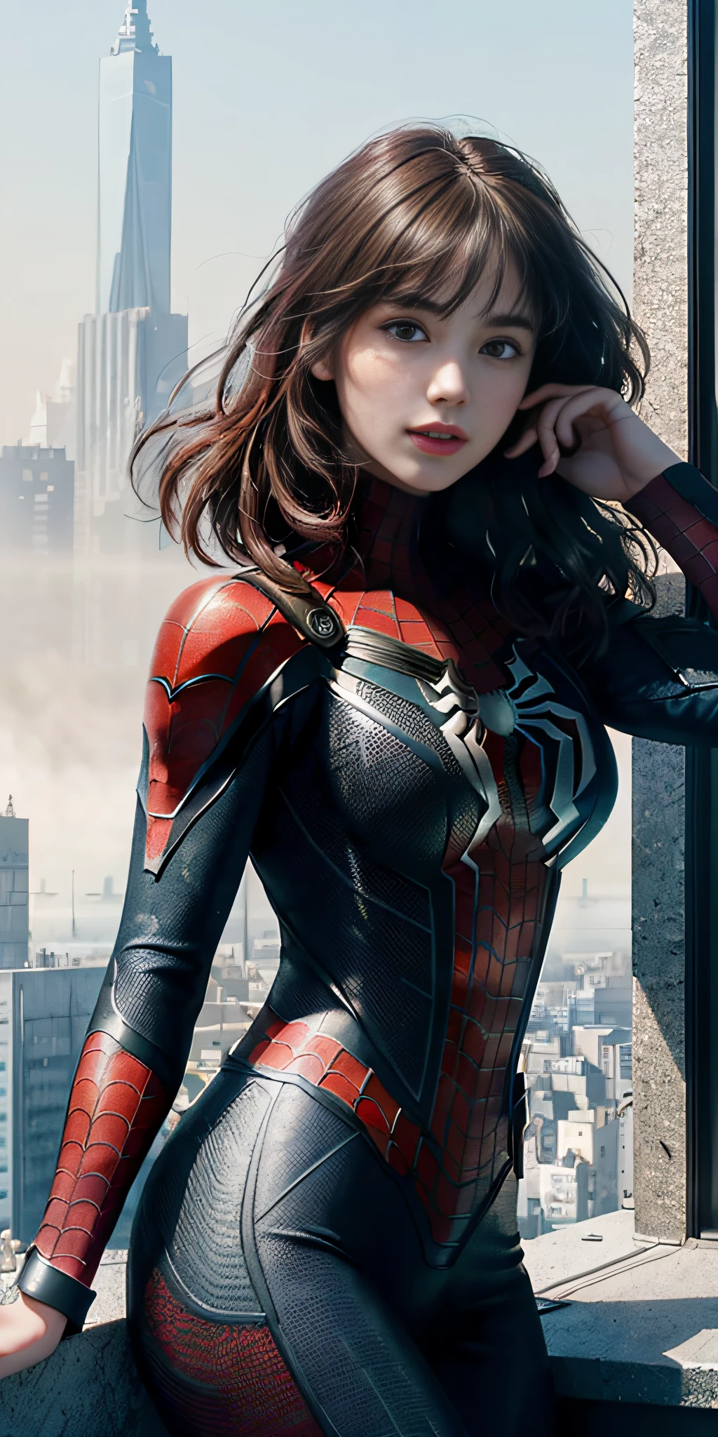 (1girl:1.3), Solo, (((Very detailed face)))), ((Very detailed eyes and face)))), Beautiful detail eyes, Body parts__, Official art, Unified 8k wallpaper, Super detailed, beautiful and beautiful, beautiful, masterpiece, best quality, original, masterpiece, super fine photo, best quality, super high resolution, realistic realism, sunlight, full body portrait, amazing beauty, dynamic pose, delicate face, vibrant eyes, (from the front), She wears Spider-Man suit, red and black color scheme, spider, very detailed city roof background, rooftop, overlooking the city, detailed face, detailed complex busy background, messy, gorgeous, milky white, highly detailed skin, realistic skin details, visible pores, clear focus, volumetric fog, 8k uhd, DSLR, high quality, film grain, fair skin, photo realism, lomography, futuristic dystopian megalopolis, translucent