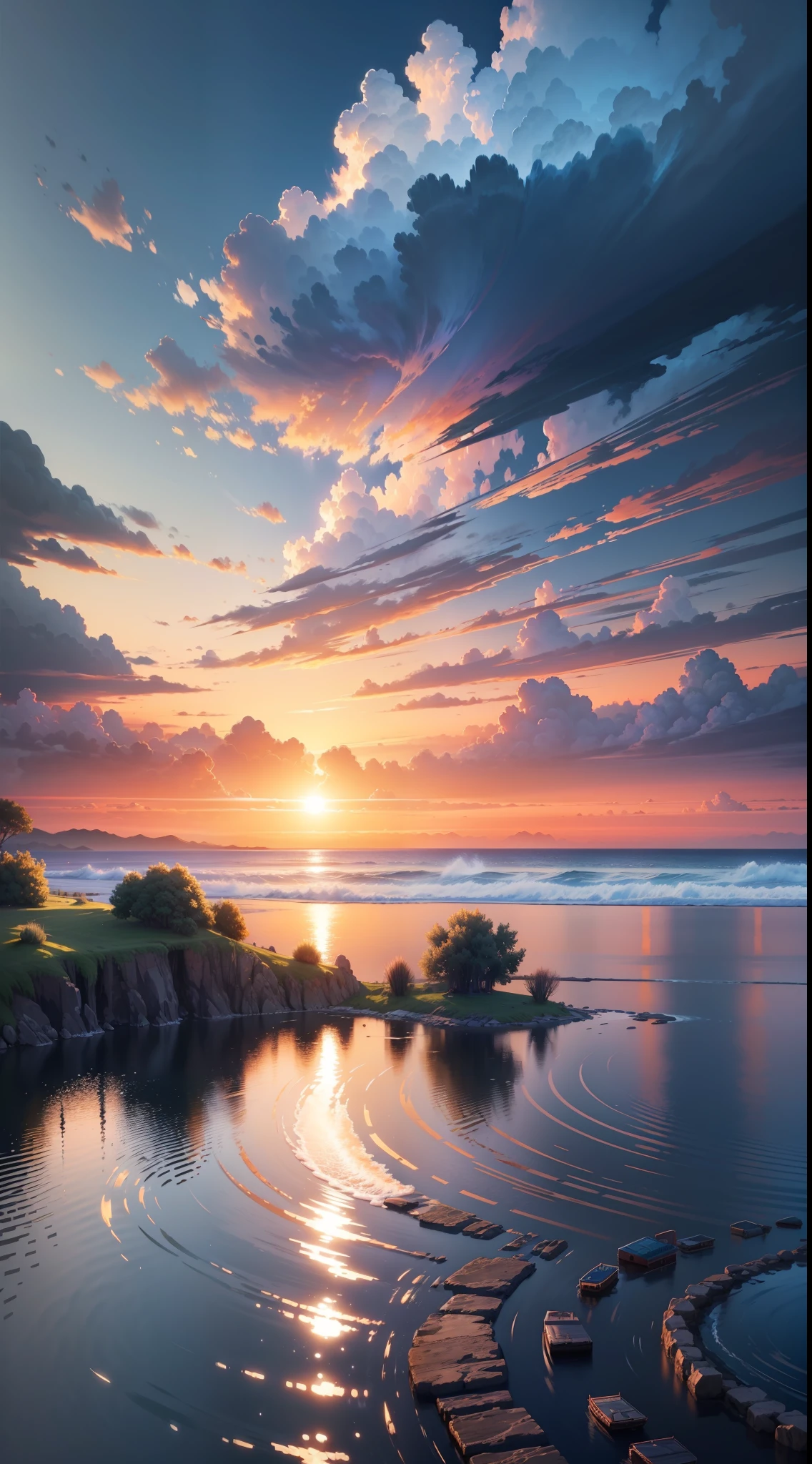 sunset, landscape, water, (very detailed CG unity 8k wallpaper), the most beautiful artwork in the world, professional majestic oil painting, intricate, high detail, clear focus, dramatic, realistic painting art, blue sky.