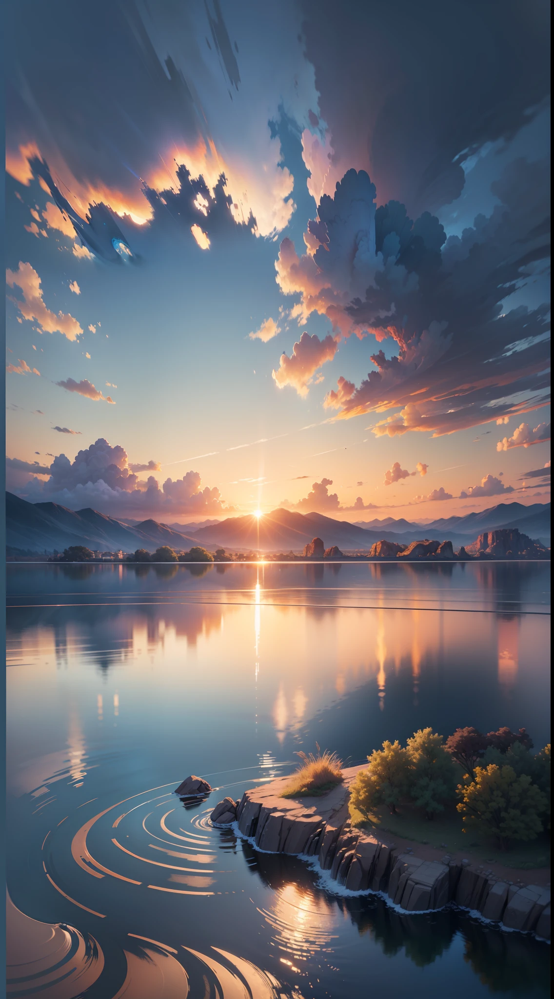 sunset, landscape, water, (very detailed CG unity 8k wallpaper), the most beautiful artwork in the world, professional majestic oil painting, intricate, high detail, clear focus, dramatic, realistic painting art, blue sky.