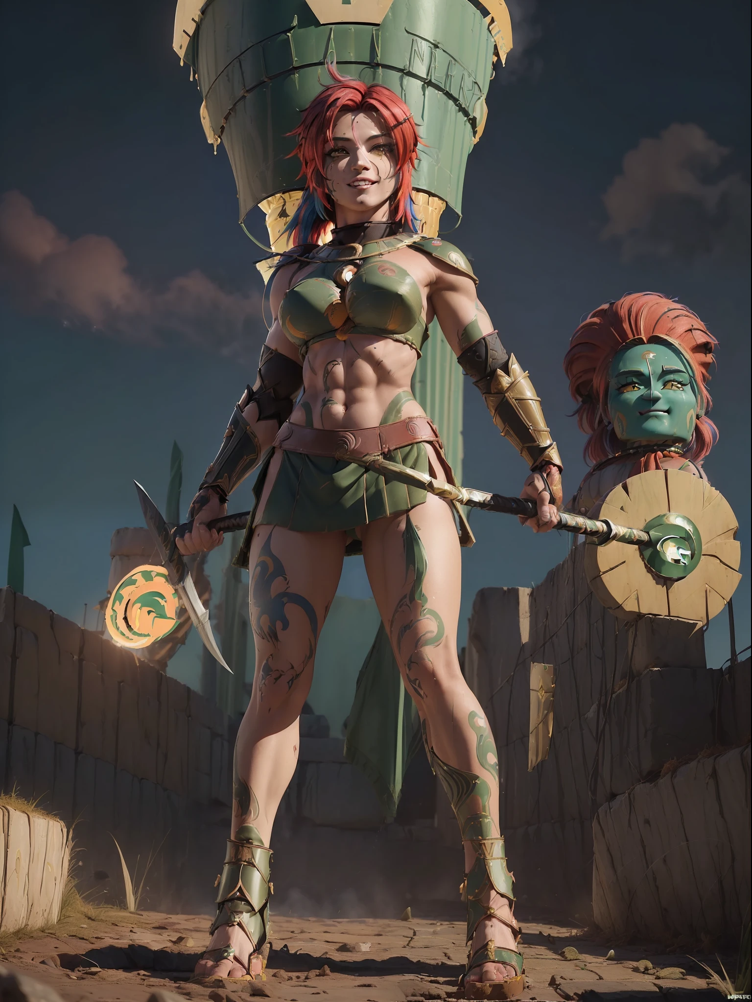 ((Full body. standing):2) (({Only 1/Female}):2):{((wearing extremely sexual Spartan warrior costume, short and tight on her body):1.5), ((extremely large breasts ):1.5), ((red mohawk hair, red eyes):1.5) ((tattoos all over body, blood running down body, looking at viewer, seductive smile):1.5), ((striking erotic poses):1.5) }; {((Background: Spartan city in ancient Greece crowded with Spartan warriors, with different colored hair style, Spartan army attire):1.5)}, Hyperrealism, 16k, ((best quality, high details): 1.4), anatomically correct , masterpiece, UHD