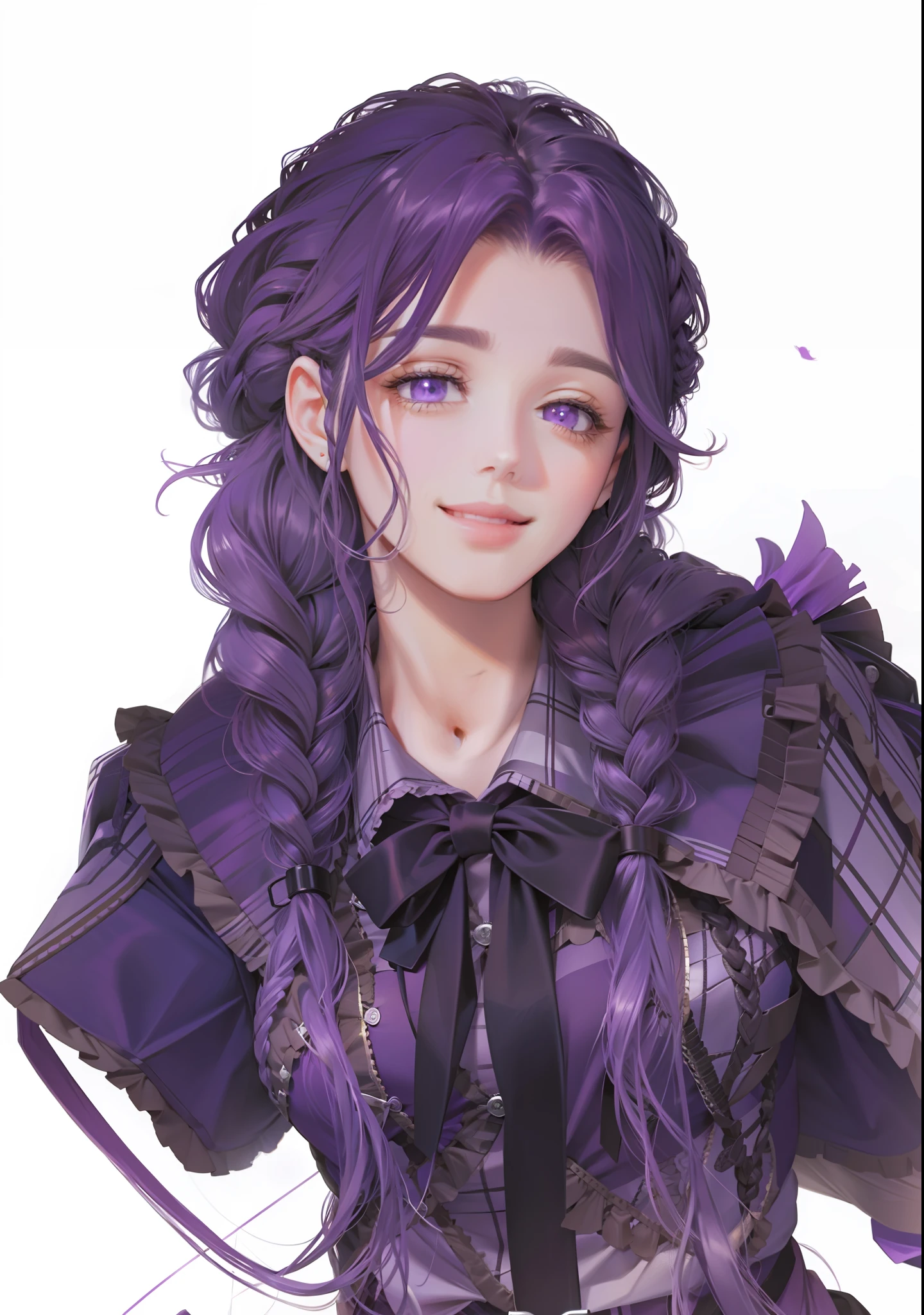 Purple plaid clothes, purple, twisted braids, long eyelashes, smile, purple eyes, purple hair, dreamy, starlight