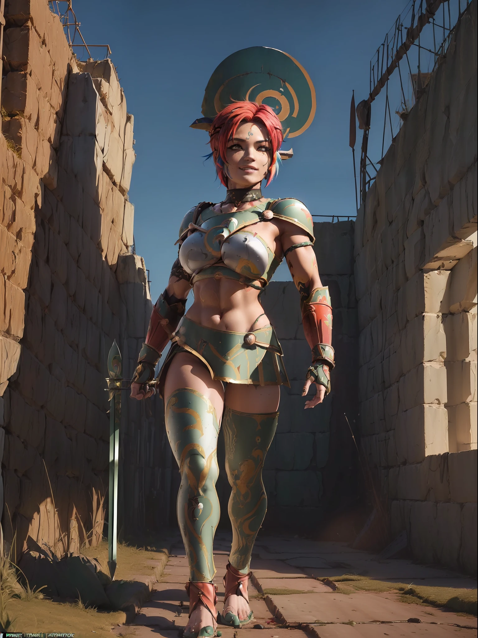 ((Full body. standing):2) (({Only 1/Female}):2):{((wearing extremely sexual Spartan warrior costume, short and tight on her body):1.5), ((extremely large breasts ):1.5), ((red mohawk hair, red eyes):1.5) ((tattoos all over body, blood running down body, looking at viewer, seductive smile):1.5), ((striking erotic poses):1.5) }; {((Background: Spartan city in ancient Greece crowded with Spartan warriors, with different colored hair style, Spartan army attire):1.5)}, Hyperrealism, 16k, ((best quality, high details): 1.4), anatomically correct , masterpiece, UHD