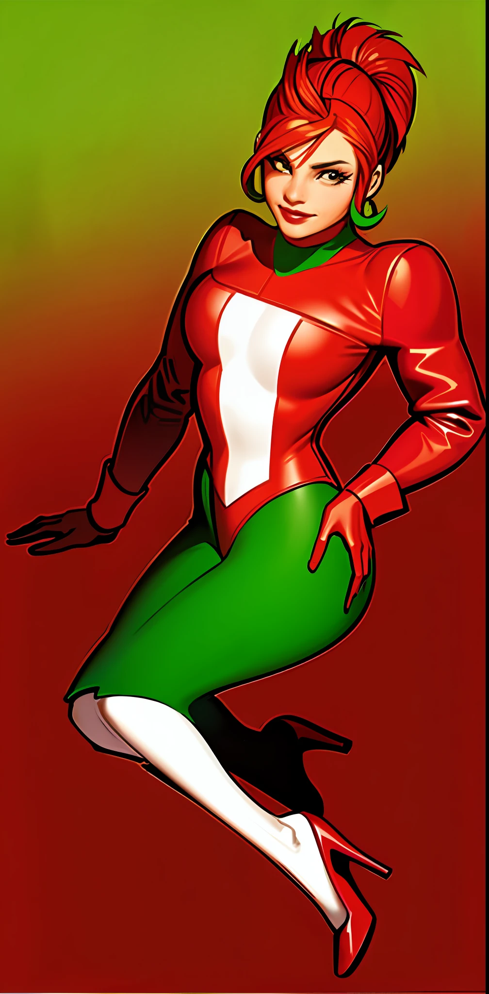 painting of a woman with a red outfit, green hair, Vargas style pinup, multilayer colors, bright socks, high heels