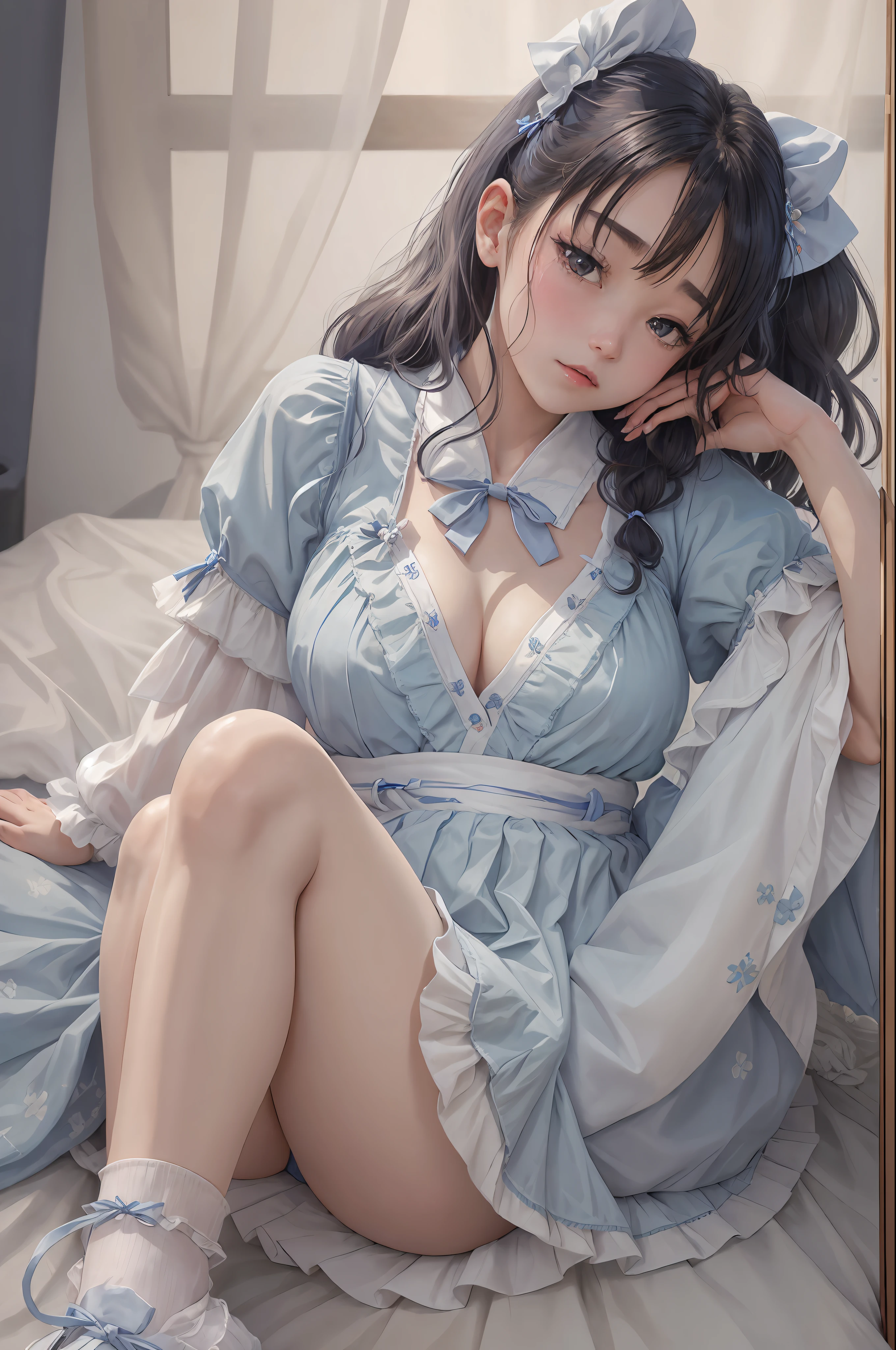 Woman sitting on bed in blue skirt, realistic young gravure idol, young cute gravure idol, ruffled costume, captured in Canon EOS R 6, young sensual gravure idol, young gravure idol, goddess of Japan, beautiful charming anime teen, ruffles, ribbon in hair, white tri-fold ankle socks Blouse with white ruffles Blue ribbon tie --auto --s2