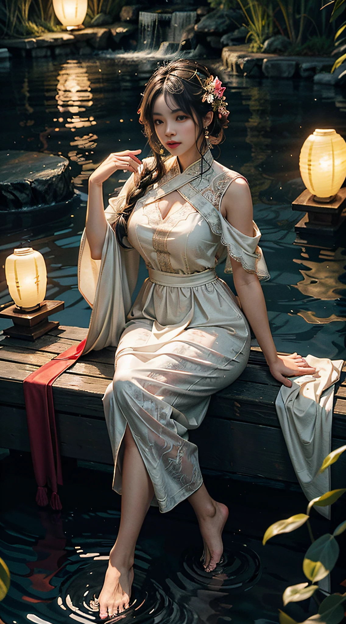 Sitting by a lake full of lanterns, lanterns in hand, feet playing in the water, the art depicts a charming woman in a flowing, silky traditional oriental dress, a long red skirt, and white trousers with soaked windows inside, decorated with intricate patterns and bright colors. Her dress drapes elegantly over her curvy figure, accentuating her seductive silhouette. She sits gracefully by the tranquil lotus lake, her feet playing in the water, bathed in the soft glow of the moonlight. The scene exudes an ethereal and dreamy atmosphere, with a touch of mystery and sexiness. The graphic style blends watercolor and digital illustration techniques to evoke a refined beauty and charm. The lights are filled with soft moonlight, casting soft highlights and shadows on her charming features. Bare thighs, big breasts, three-dimensional facial features, sitting, upturned legs, side braids