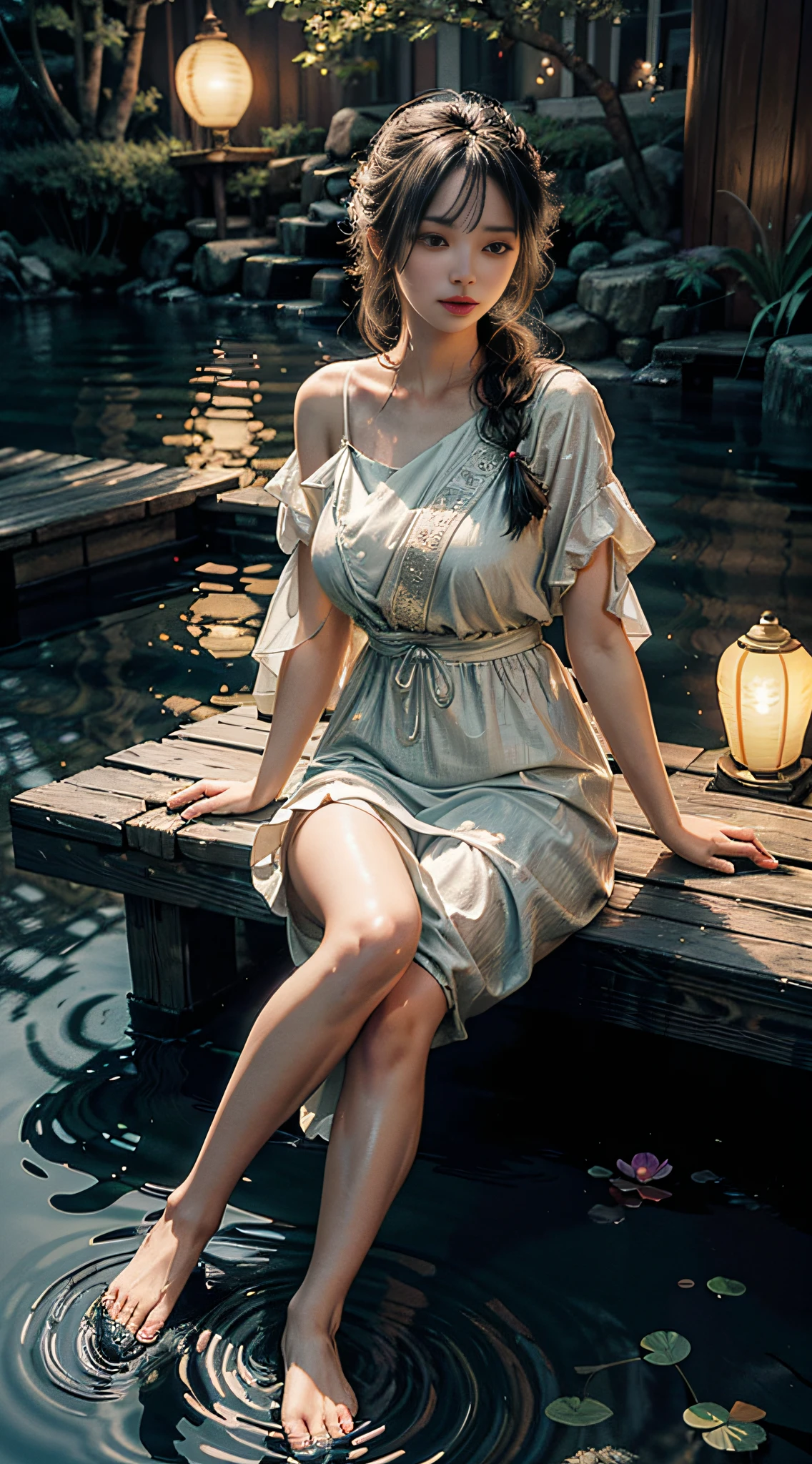Sitting by a lake full of lanterns, lanterns in hand, feet playing in the water, the art depicts a charming woman in a flowing, silky traditional oriental dress, a long red skirt, and white trousers with soaked windows inside, decorated with intricate patterns and bright colors. Her dress drapes elegantly over her curvy figure, accentuating her seductive silhouette. She sits gracefully by the tranquil lotus lake, her feet playing in the water, bathed in the soft glow of the moonlight. The scene exudes an ethereal and dreamy atmosphere, with a touch of mystery and sexiness. The graphic style blends watercolor and digital illustration techniques to evoke a refined beauty and charm. The lights are filled with soft moonlight, casting soft highlights and shadows on her charming features. Bare thighs, big breasts, three-dimensional facial features, sitting, upturned legs, side braids
