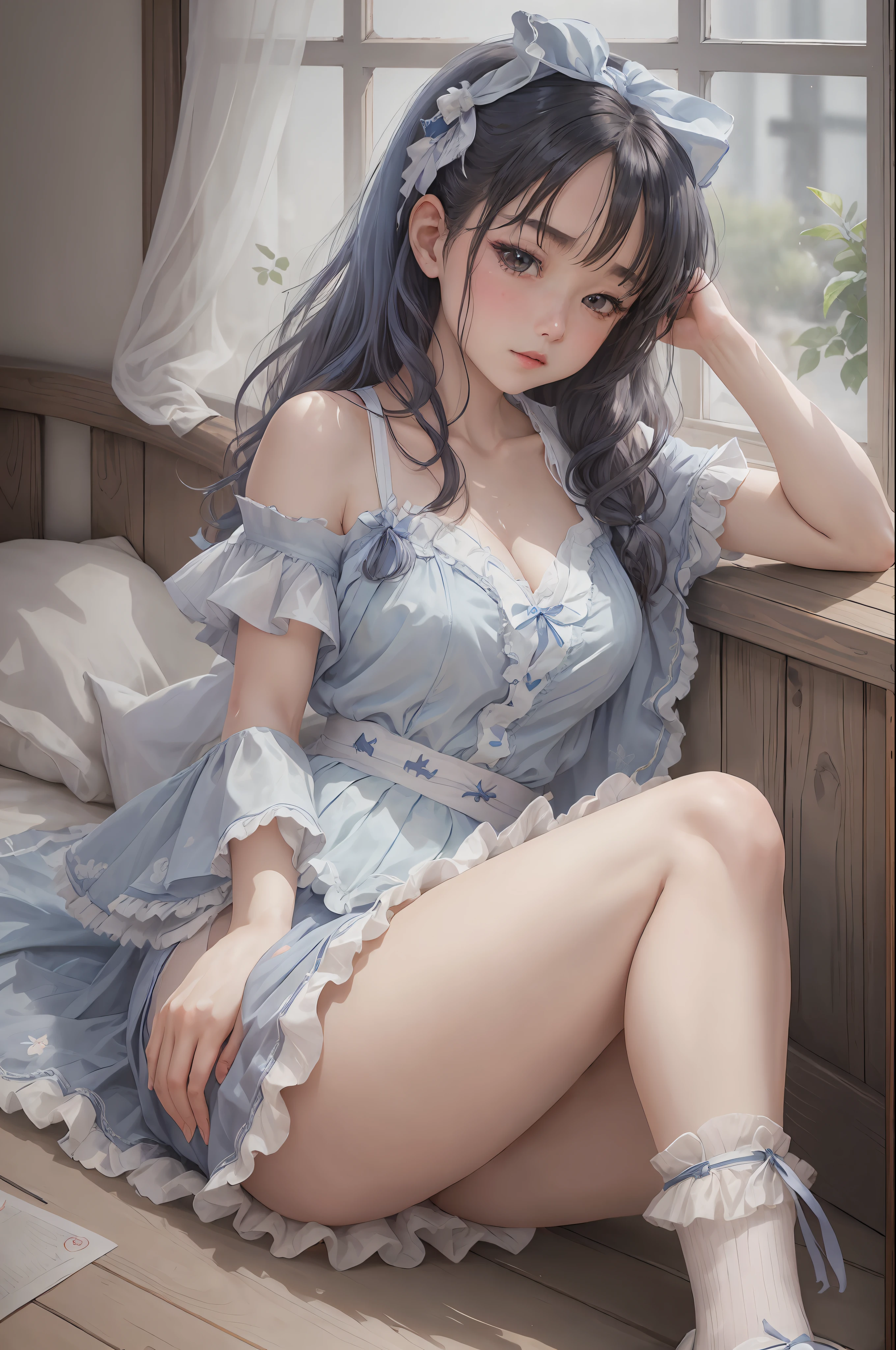 Woman sitting on bed in blue skirt, realistic young gravure idol, young cute gravure idol, ruffled costume, captured in Canon EOS R 6, young sensual gravure idol, young gravure idol, goddess of Japan, beautiful charming anime teen, ruffles, ribbon in hair, white tri-fold ankle socks Blouse with white ruffles Blue ribbon tie --auto --s2