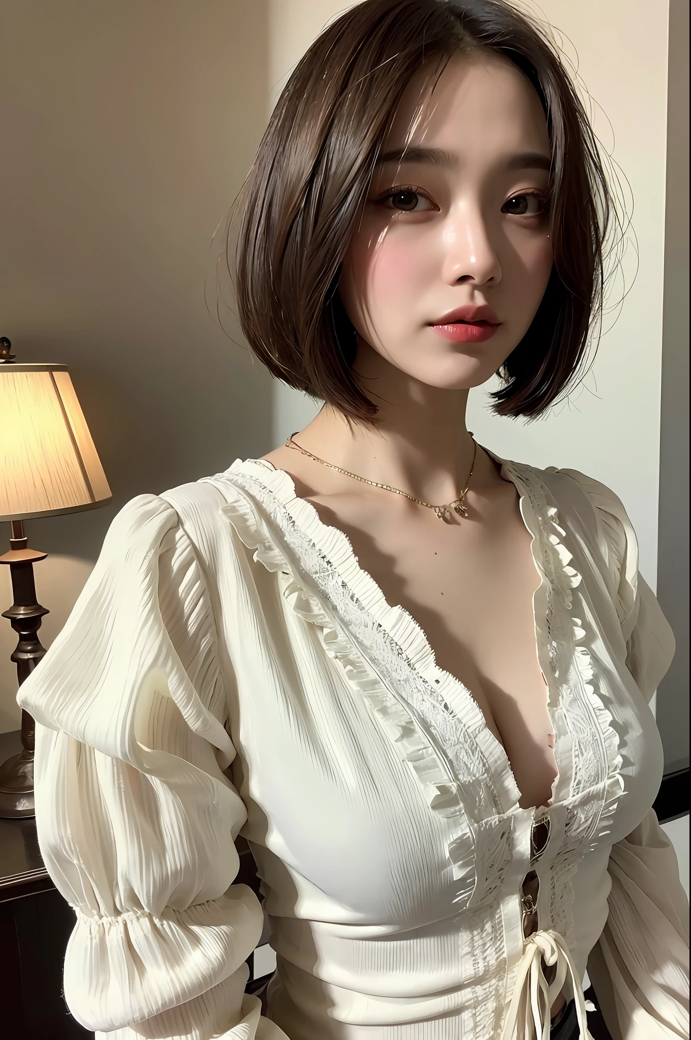 Top Quality, Masterpiece, High Definition, 1girl, Beautiful and Perfect Face, Bob Cut, Intricate Details, Cinematic Feel, 8K, Very Detailed,(Blouse:1.5)