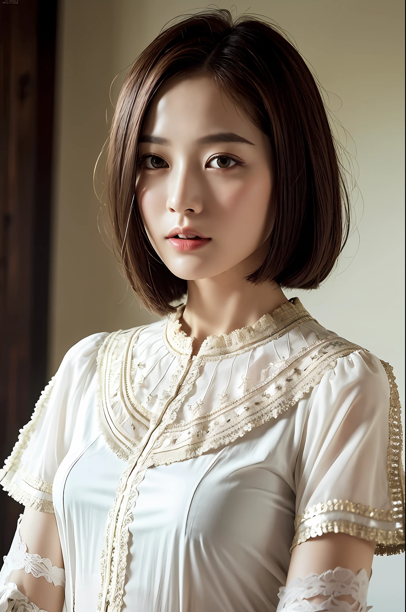 Top Quality, Masterpiece, High Definition, 1girl, Beautiful and Perfect Face, Bob Cut, Intricate Details, Cinematic Feel, 8K, Very Detailed,(Blouse:1.5)