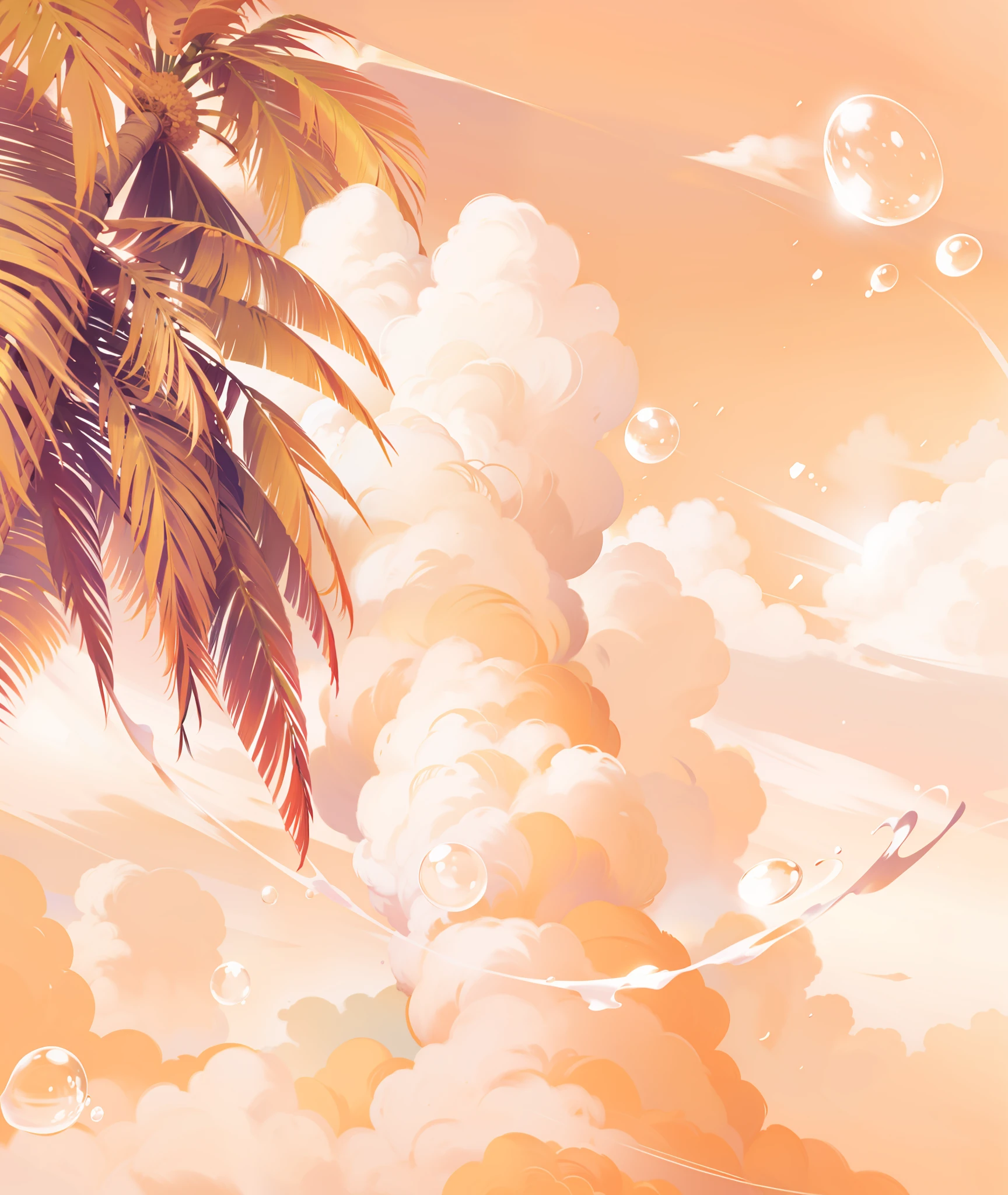 Sunset, dusk, clouds, coconut trees, bubbles