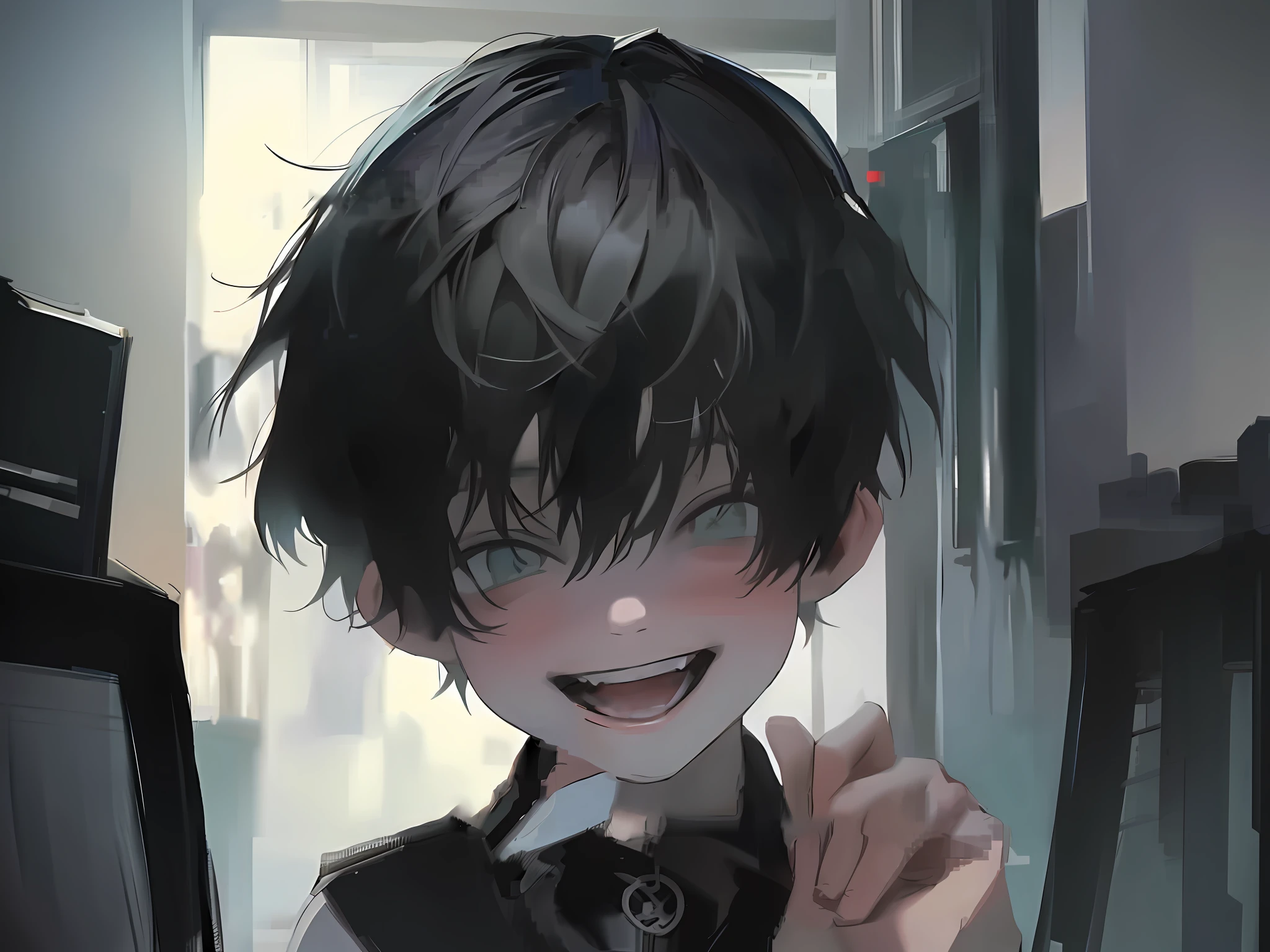 anime boy with black hair and a black tie holding a black cat, guweiz on pixiv artstation, guweiz, guweiz on artstation pixiv, by Yanjun Cheng, artwork in the style of guweiz, anime boy, boy has short black hair, [[[[grinning evily]]]], cute anime face