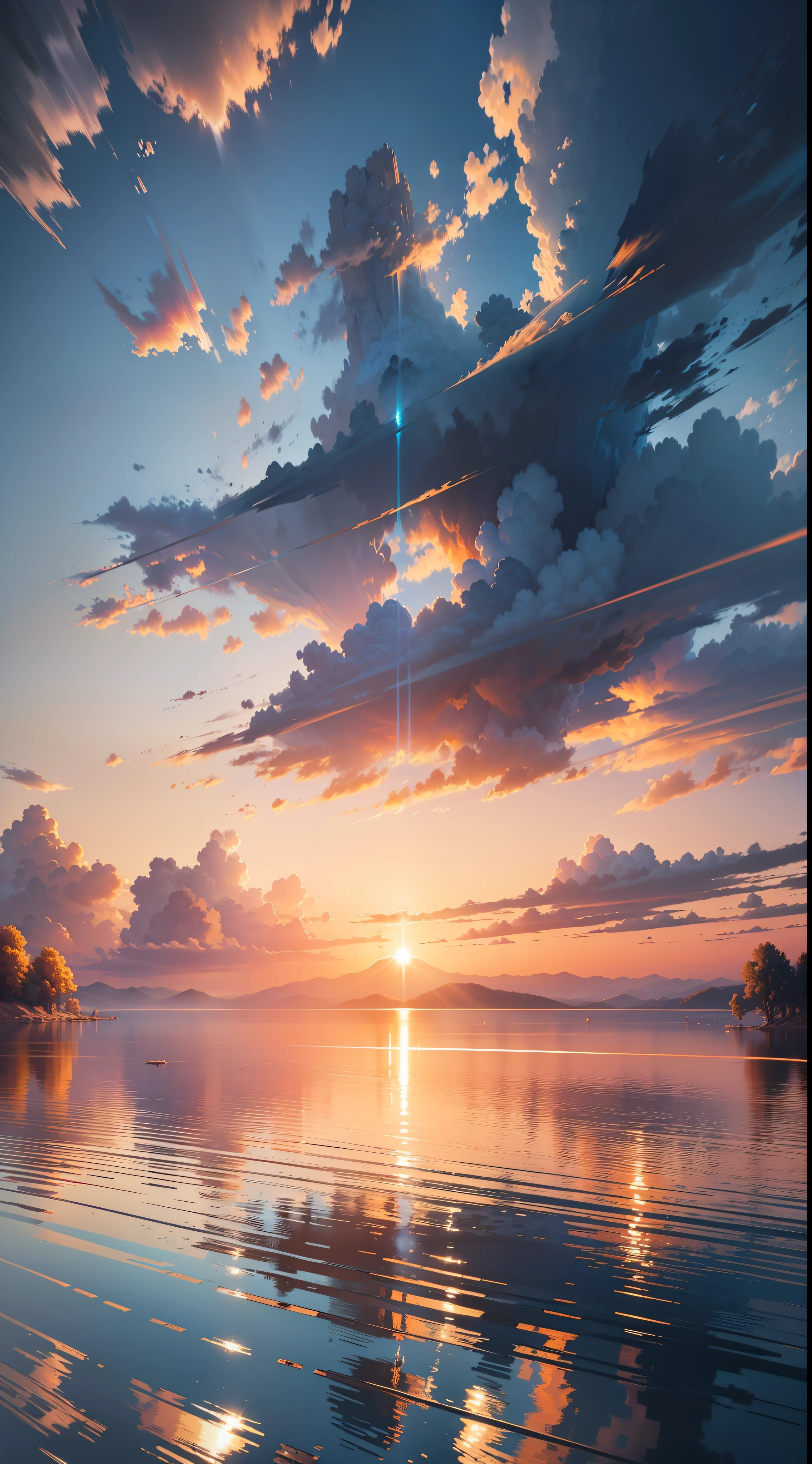 sunset, landscape, water, (very detailed CG unity 8k wallpaper), the most beautiful artwork in the world, professional majestic oil painting, intricate, high detail, clear focus, dramatic, realistic painting art, blue sky.