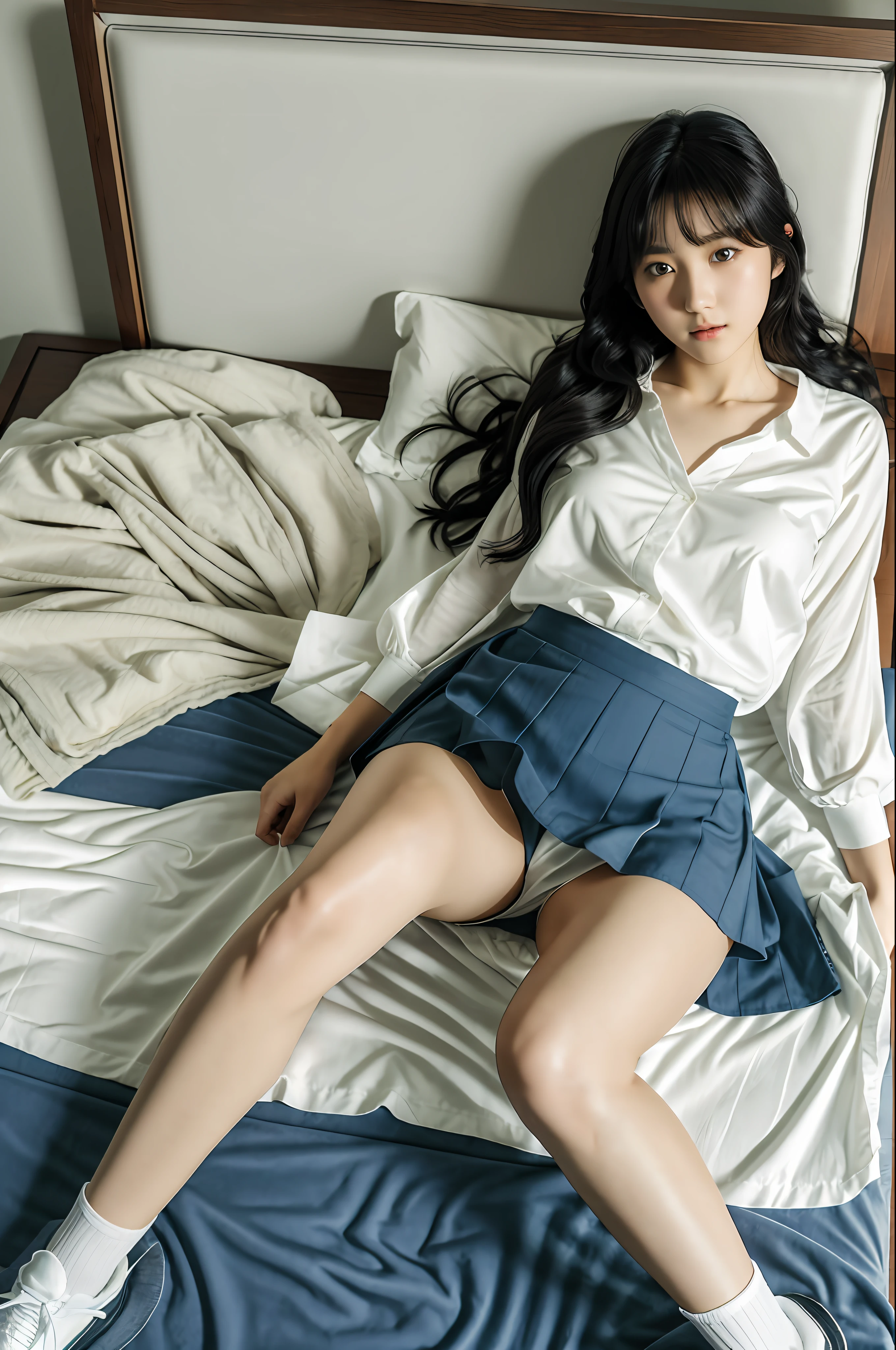 Photorealistic, live action, pale light, beautiful gravure idol at 22 years old, white blouse, blue skirt, loose wavy black hair, white ankle socks, on bed --auto --s2