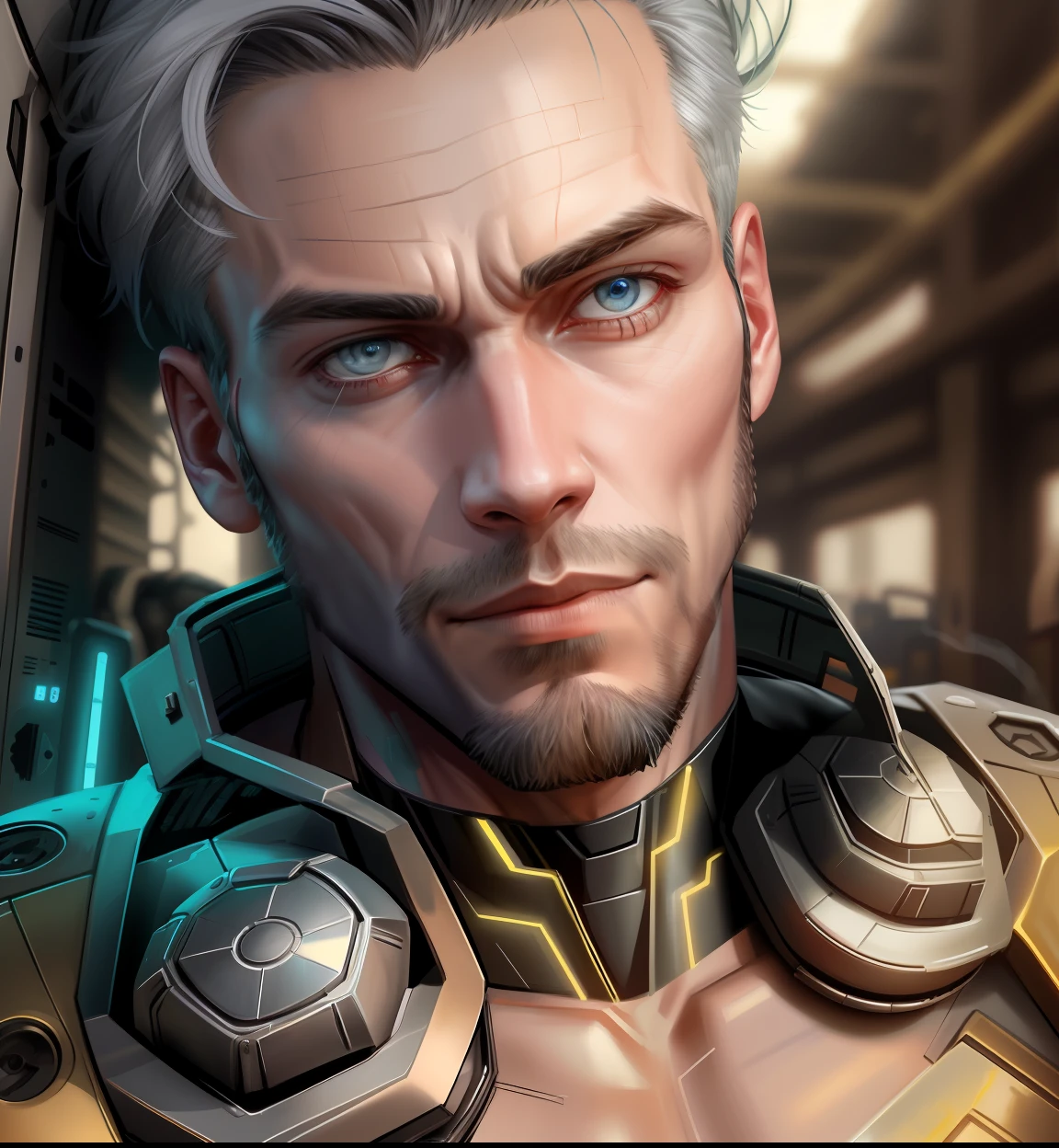 A cybernetic man in the range of 27 years old, muscular stereotype, with cowboy hat (mechanical parts: 1.5), fighting, bright eyes, short hair, tight supersuit torn, in a destroyed city, smoke and fire, aura of brilliant power, dynamic pose, dynamic vision, hyper detailed, 8k quality, with tattoo on the arm, mechanical roman watch on the chest, merge images, hyper realism. Enjoy original photo base, mechanical and human bust. With gray goatee and gray hair.