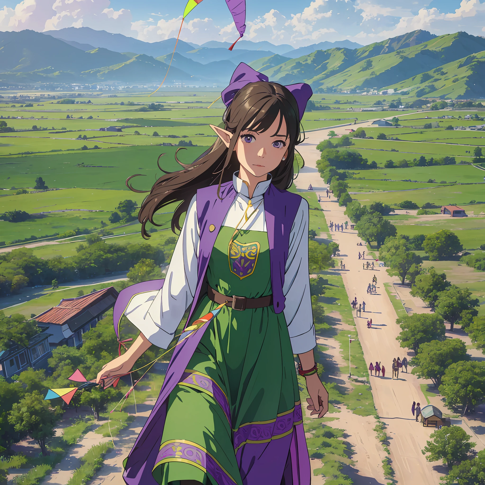 Best quality, a -yeld gi flying a kite in the green steppe, a human girl wearing, purple elf long dress dress, realistic style --auto --s2