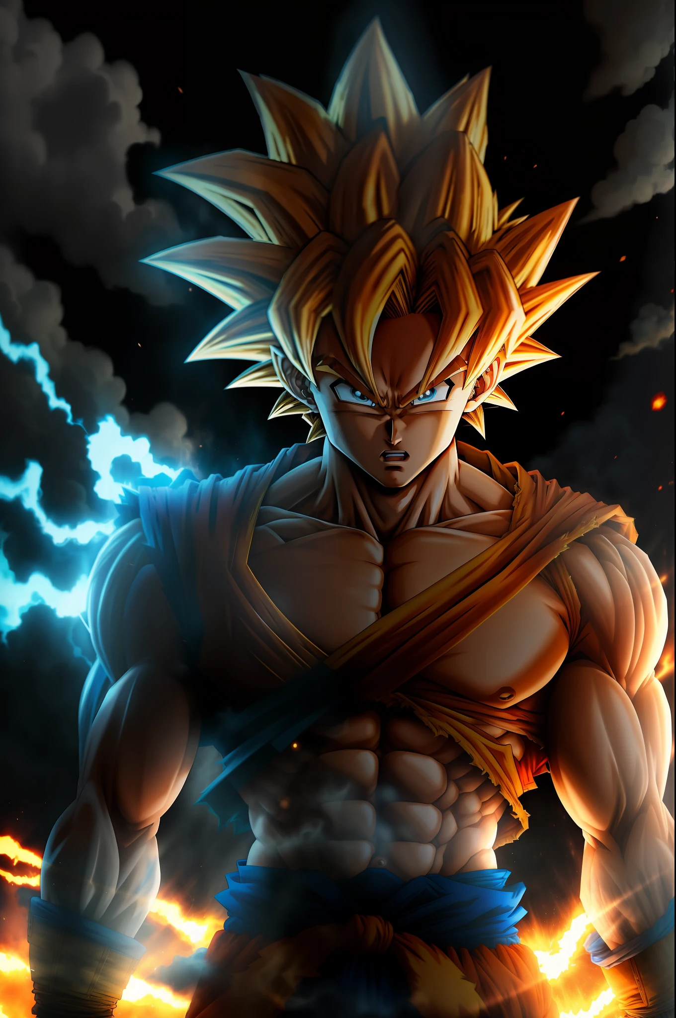 masterpiece, best quality, goku, super saiyan, light blue hair