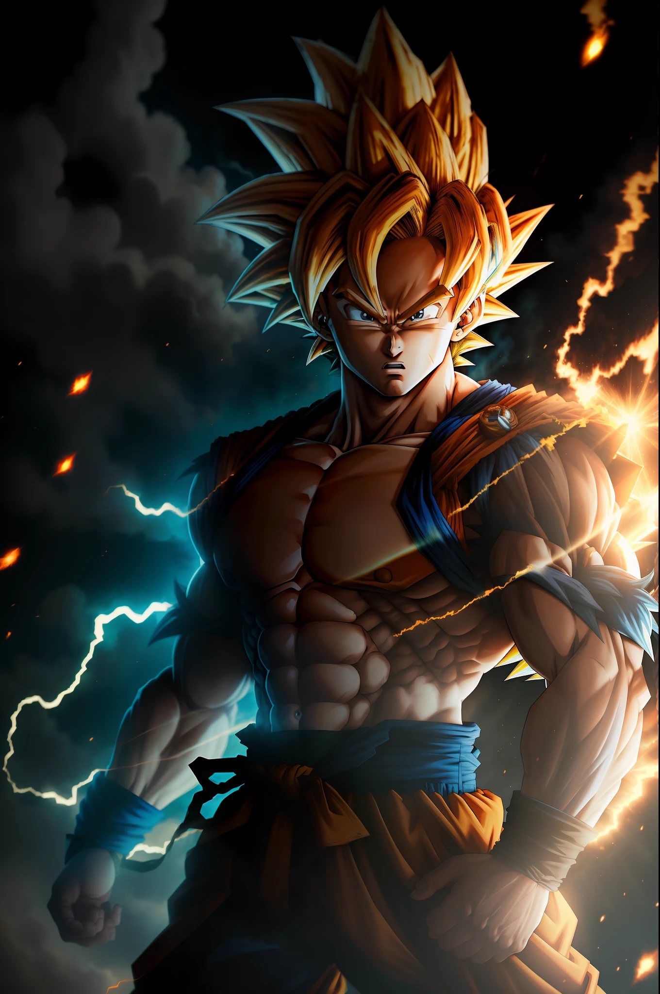 masterpiece, best quality, goku, super saiyan, light blue hair