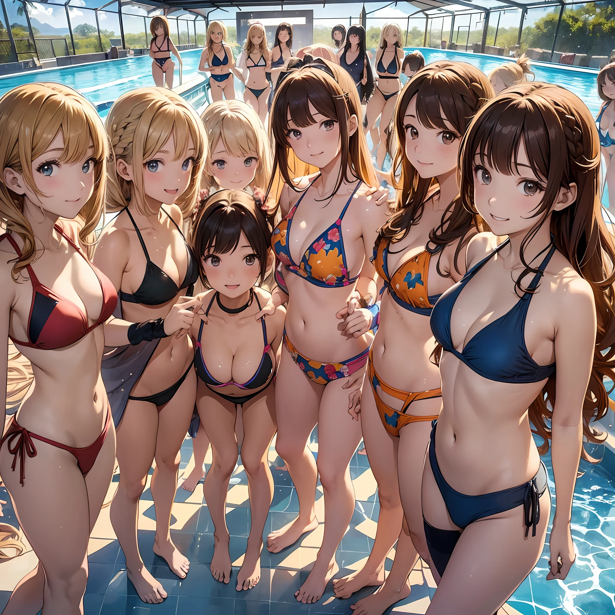 perfect anime illustration, 12girls, all girls are sisters, sisters crowded together, sisters in background, matching hairstyles, brown hair, blonde hair, curly hair, matching hairstyle, hazel eyes, smiling, ((Bikinis, matching bikinis, barefoot)), indoor pool, highres, full body