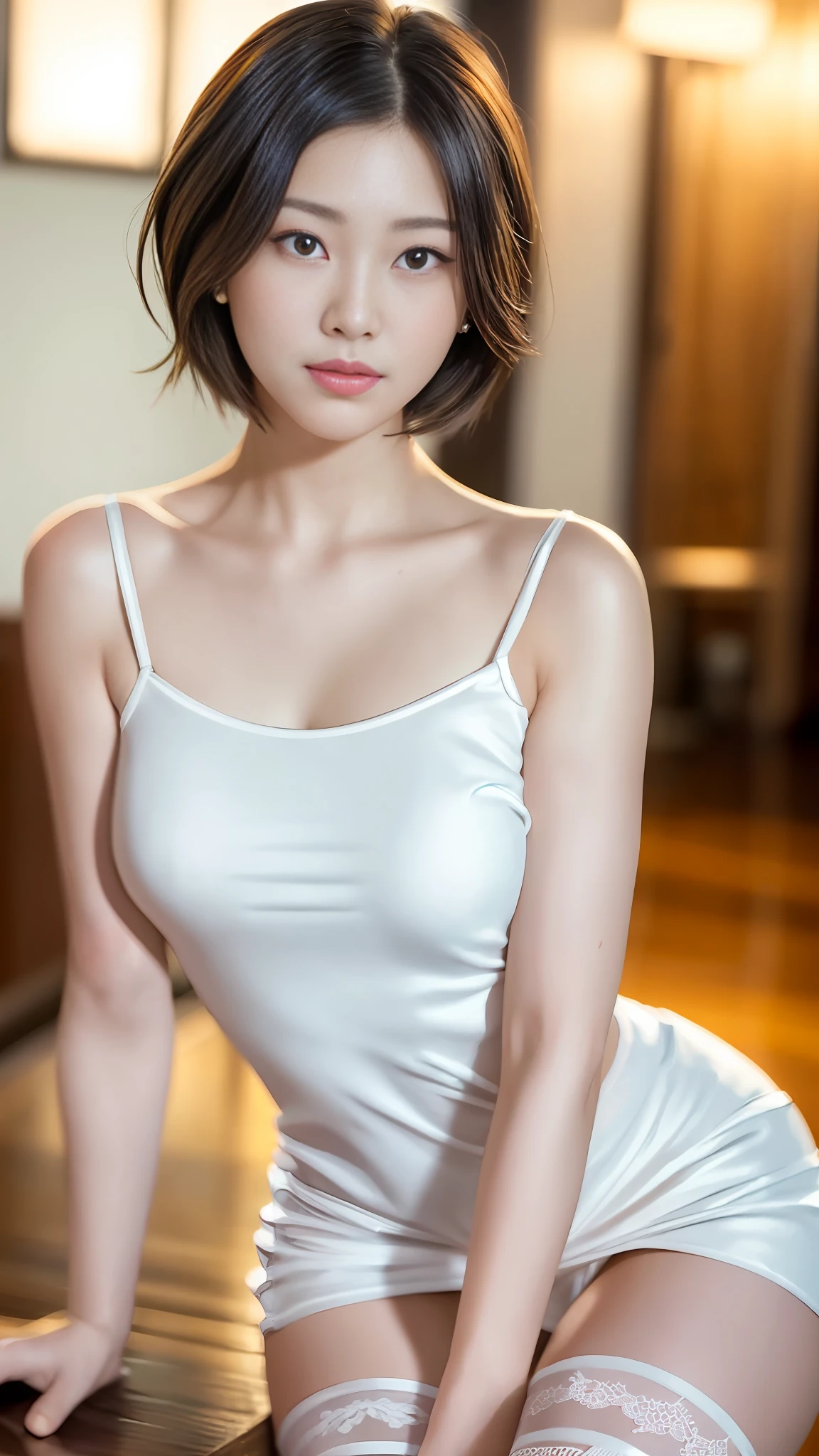 Smiling minchen, mouth closed, balanced eyes, (Best Quality Detail: 1.2), Realistic, 8K HD, Ultra-detailed, High Quality Texture, Intricate Detail, Detailed Texture, Fine Detail, High Detail, Very Detailed CG, Delicate Beautiful Delicate Face, (Delicate Beautiful Delicate Eyes: 1.32), Very Bright Lighting, Ray Tracing, (A Beautiful 25-Year-Old Cute Japanese Lady: 1), Proud, Tall Feminine, Beautiful Legs, Glowing Eyes, Blush, Very White Skin, Perfect Body Petite, Silver Tight Bra, [Brown Skirt]: 1, Stockings and suspenders: 1.2, long hair, short pink skirt, comfortable living room, sun, hands open, earrings, necklace, model, looking at the audience, standing pose, from the side, dynamic pose, front