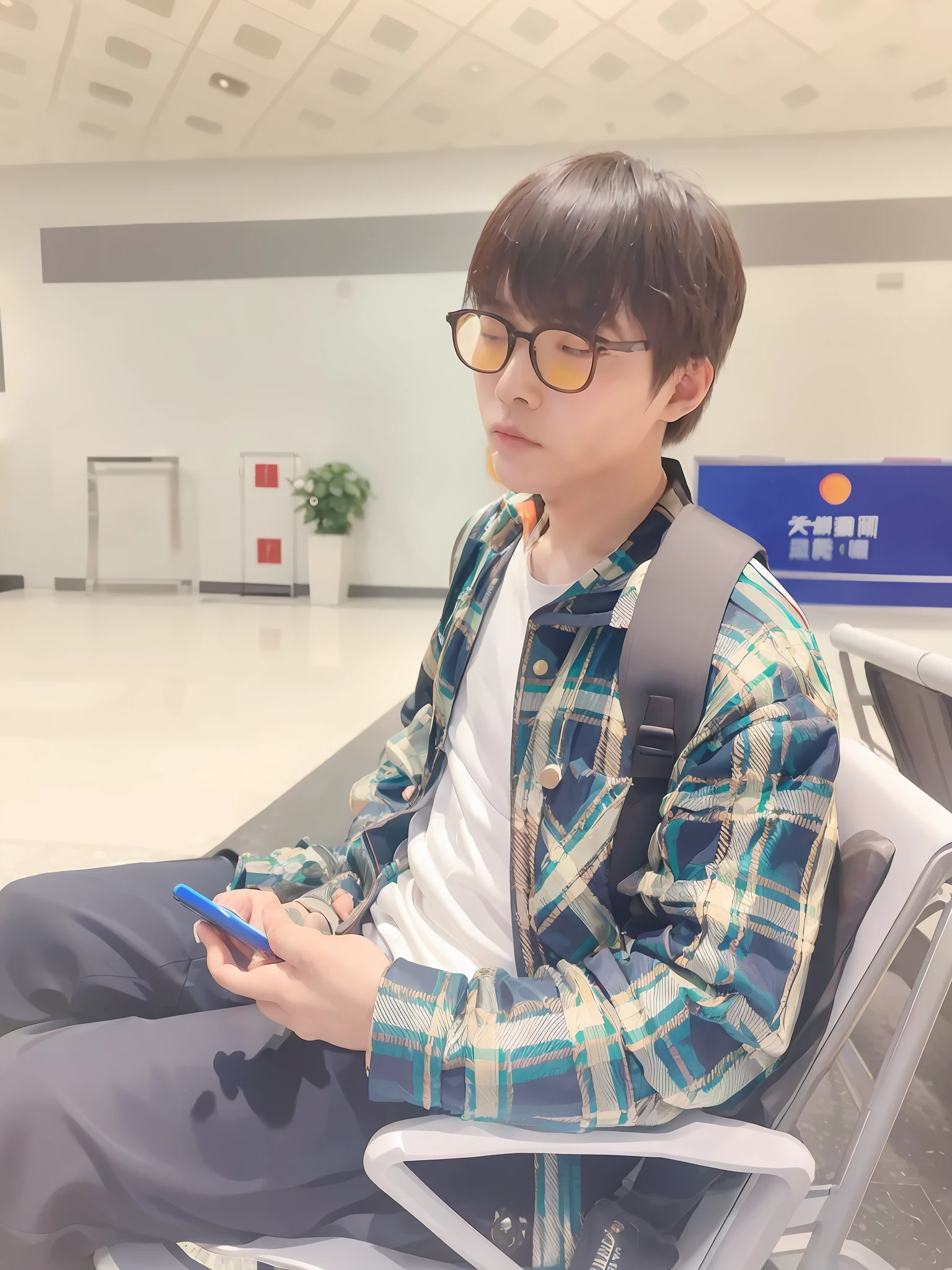 (Cheng Yanjun + Wang Qichao + Li Zixin + Yi Hao + Chen Xintong + Lin Wenjun + Jin Yiwei: 0.8), boy, sitting on a chair, waiting for flight, airport, sunset west oblique, [:( mobile phone: 1.3 + student + profile picture 1024px: 1.2 + avatar picture: 1.1), Wu Xisen, Cai Xukun, Steve Zheng], character close-up, protagonist perspective.