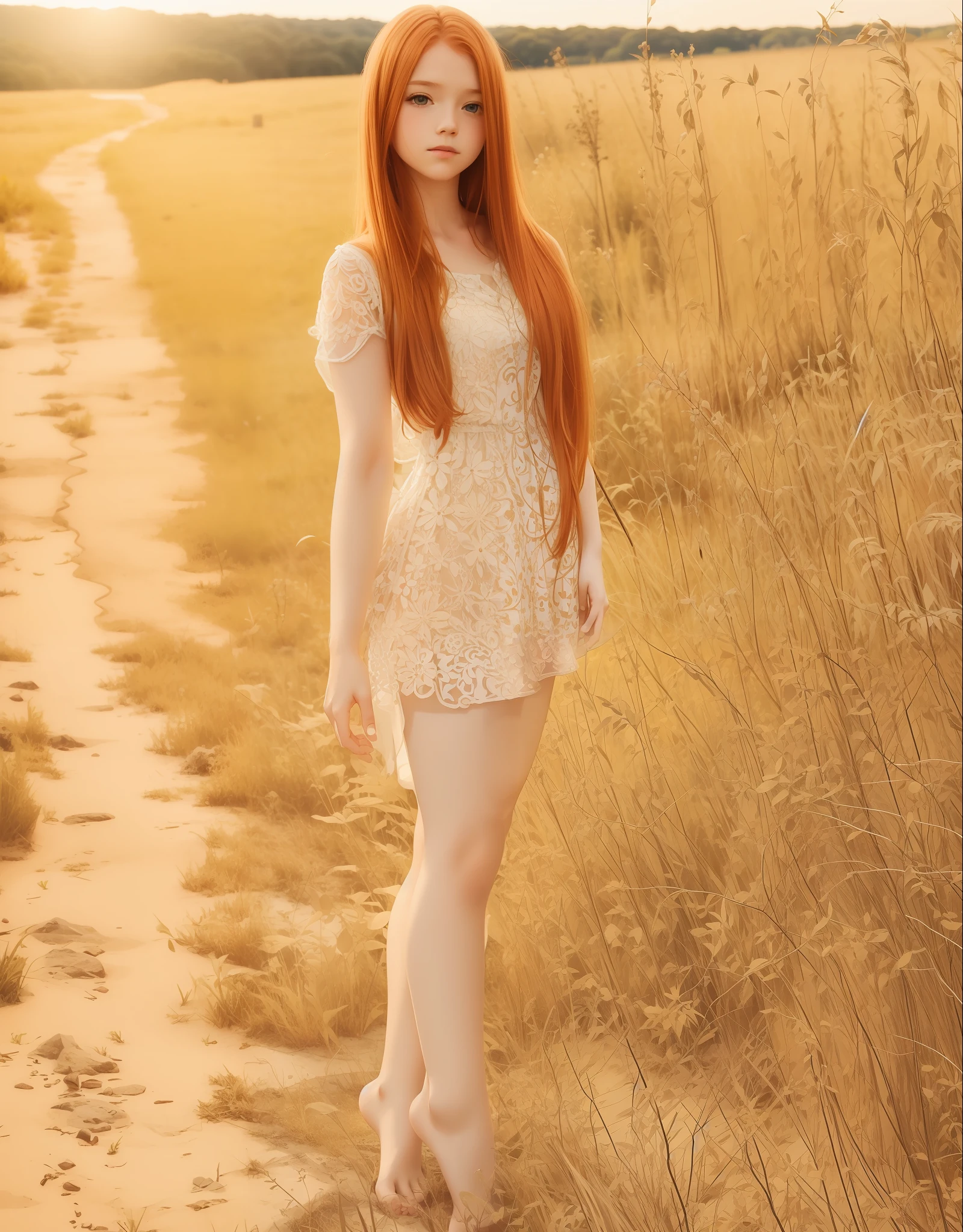 A girl, long ginger hair, short white dress, barefoot