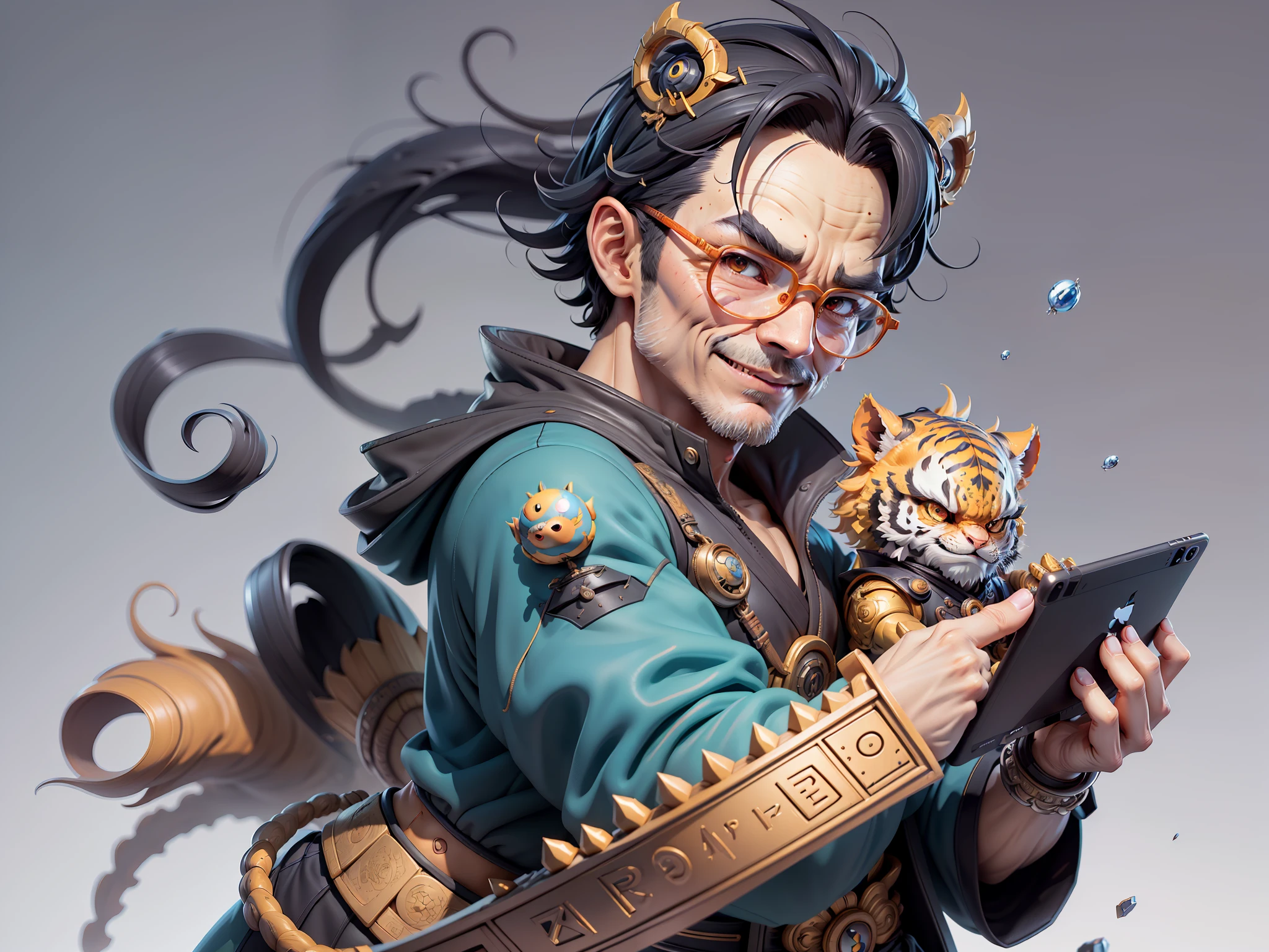 (Masterpiece), (Excellent), (Super Meticulous), (Full Body: 1.2), Super Young Man with Japanese Female Geisha, Pretty, Beautiful, Chinese Dragon, Tiger, Wind God Thor, Sexy, Bursting, Oriental Face, TV Anchor, Bust Portrait Illustration, Black Suit, Blue Tie, Slightly Chubby Face, Silver Glasses, Very Clean Face, No Beard on Chin, Black Super Short Hair, Black Eyes, Confident Smile, 3c Computer Sub-Products, iPad, iPhone, Digital Painting, 3D character design by Mark Clairedon and Pixar and Hayao Miyazaki and Akira Toriyama, the illustrations are HD illustrations in 4K resolution with highly detailed facial features and cartoon-style visuals.