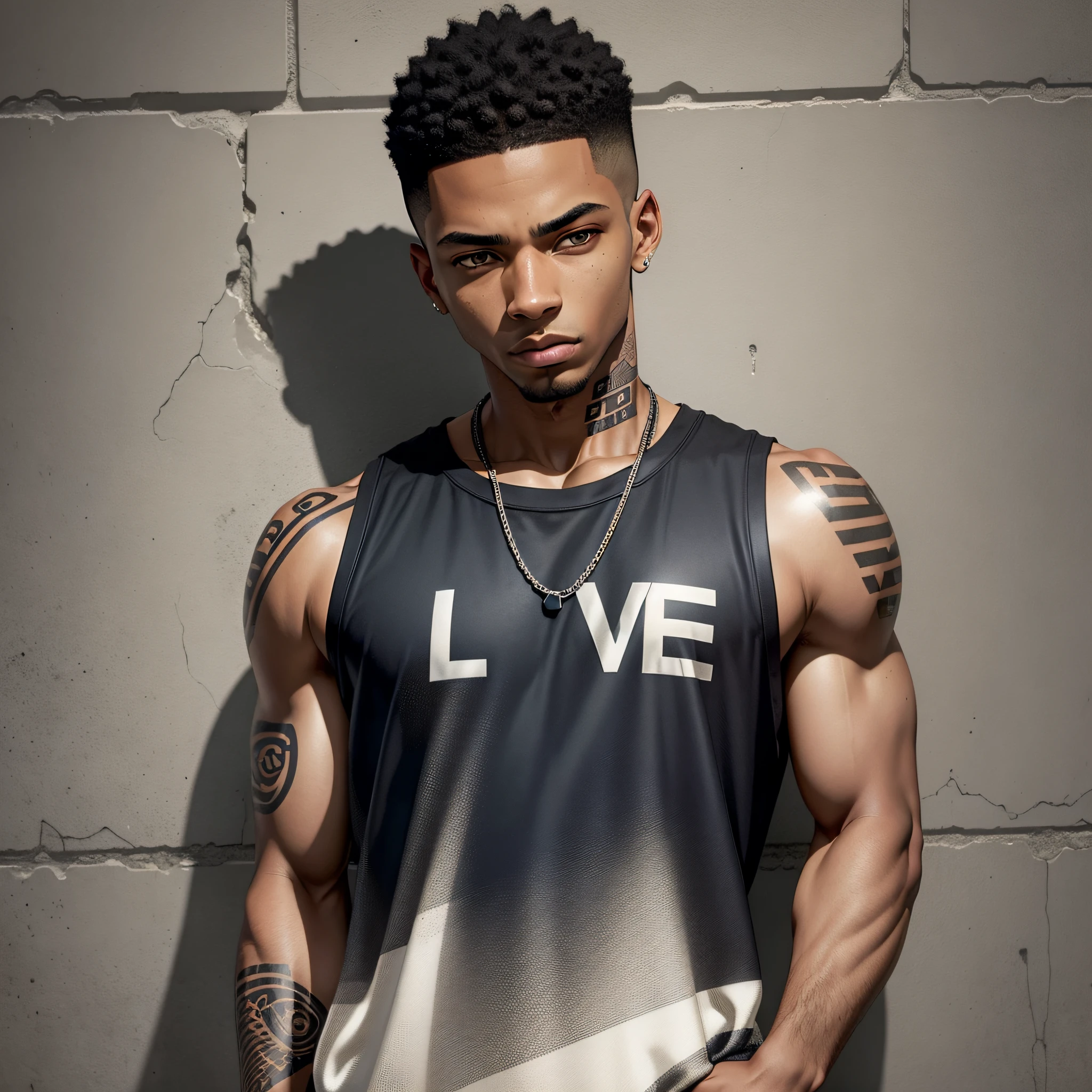 Arafed man with no hair and a black shirt standing against a wall, handsome young black hip hop, Tyler Mitchell style, Tyler Mitchell style photo, model is wearing technical vest, mid shot portrait, 2 1 Savage, Outlive Streetwear Collection, xxxtentacion, promotional images, Jordan Grimmer style, key still, love kanji emblazoned on shirt --auto --s2