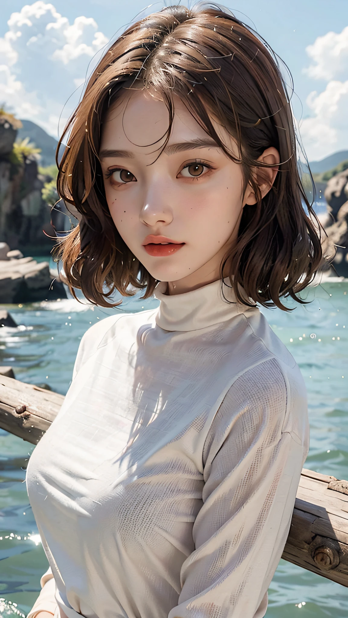 Beautiful woman with detailed body, upper body, brown bob hair, perm, casual, high neck, (wet hair)
