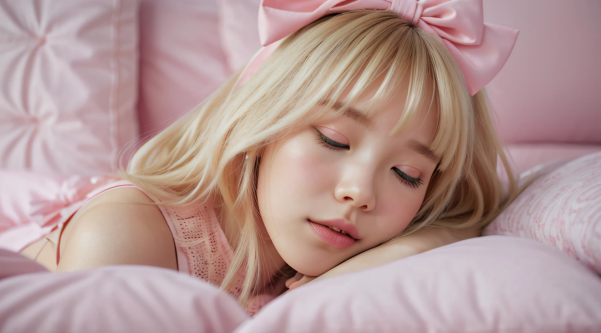 blond woman with pink dress and pink bow laying on bed, lalisa manobal, sleepy fashion model face, lalisa manoban of blackpink, belle delphine, sleeping princess!!!!, sleeping beauty, soft hair, lovely languid princess, with full bangs, dreaming of kissing a girl, ddlc, fluffy bangs, sleepy, sakura kinomoto