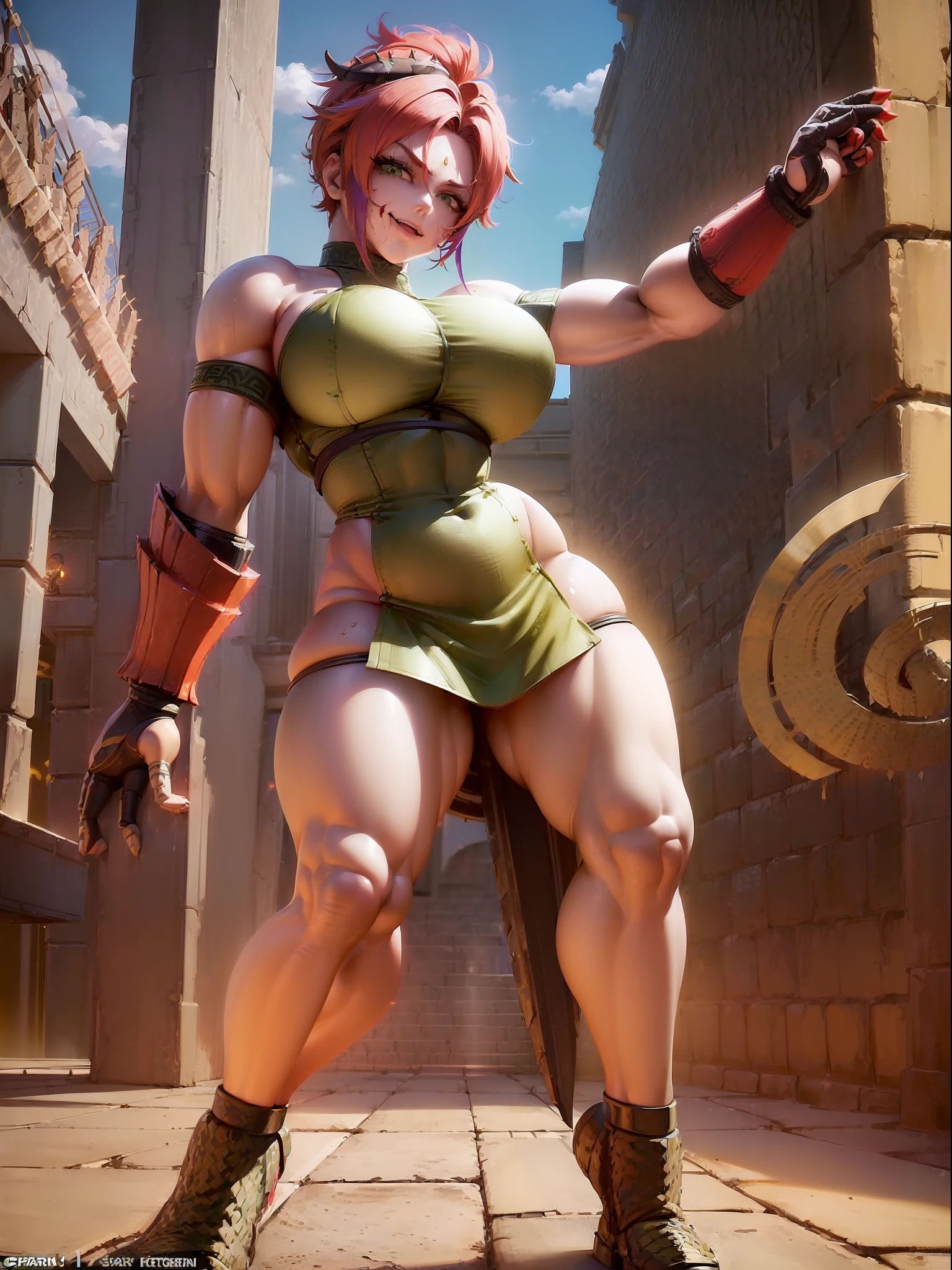 ((Full body. standing):2) (({Only 1/Female}):2):{((wearing extremely sexual Spartan warrior costume, short and tight on her body):1.5), ((extremely large breasts ):1.5), ((red mohawk hair, red eyes):1.5) ((tattoos all over body, blood running down body, looking at viewer, seductive smile):1.5), ((striking erotic poses):1.5) }; {((Background: Spartan city in ancient Greece crowded with Spartan warriors, with different colored hair style, Spartan army attire):1.5)}, Hyperrealism, 16k, ((best quality, high details): 1.4), anatomically correct , masterpiece, UHD