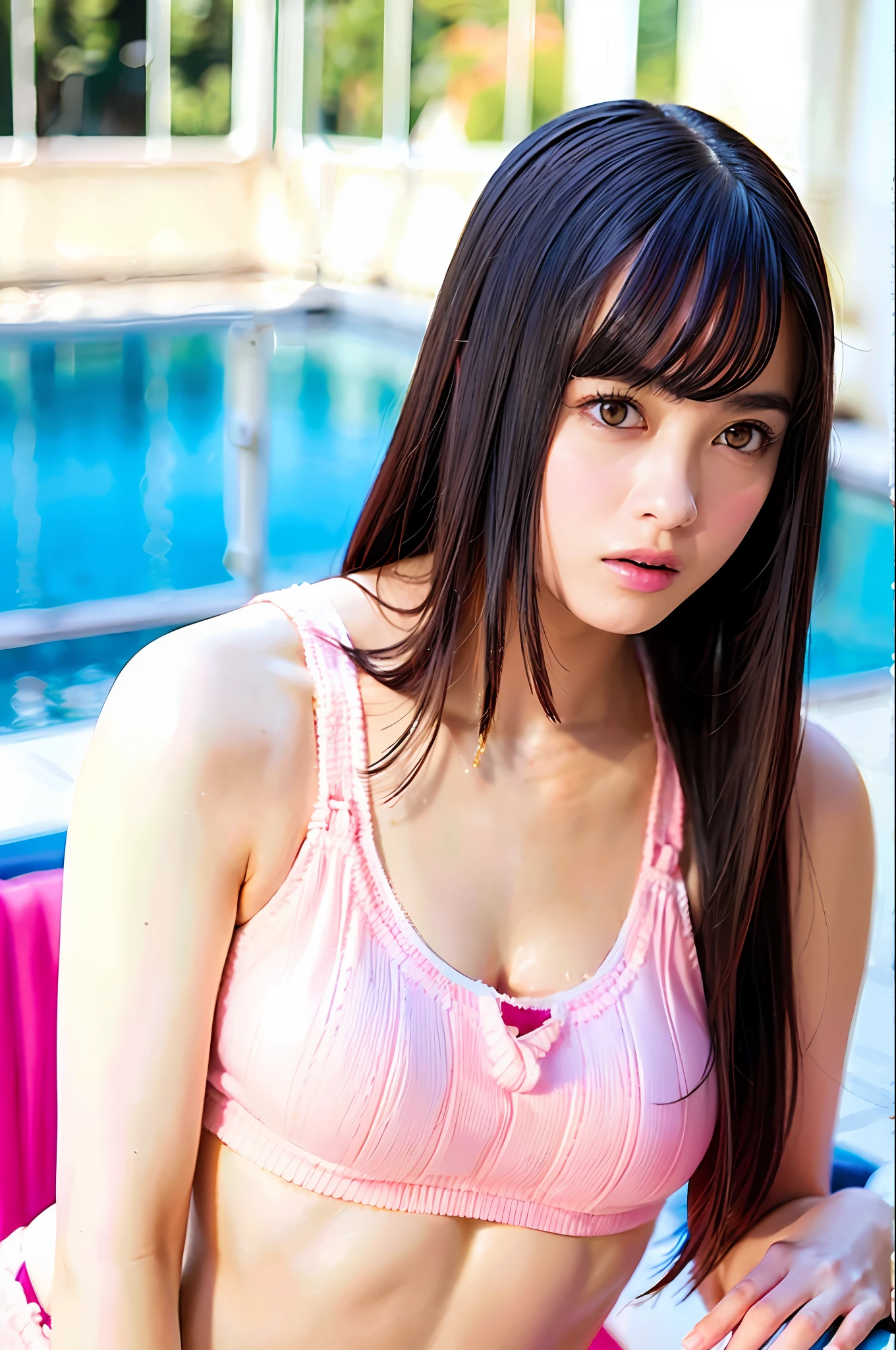 ((top quality, 8k, masterpiece: 1.3)), sensual woman, 1 girl, big: 1.3, (firm abs, slender figure: 1.2), dark brown hair, pink bra, pink G-string panties, beside indoor pool, full body, ultra detailed face, detailed lips, detailed eyes, double eyelids, racy underwear, pimp-like underwear