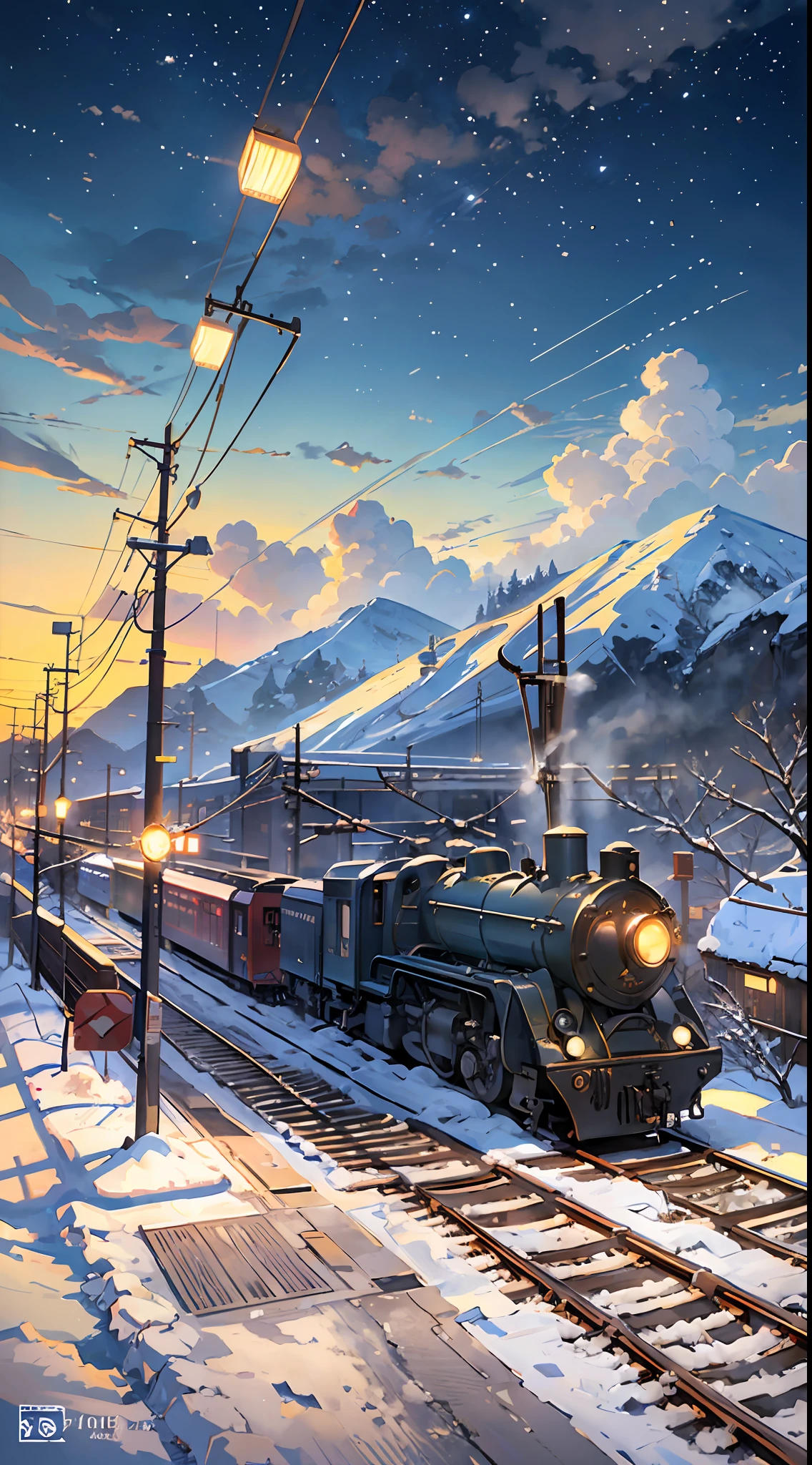 There is a train running along the tracks in the snow, Makoto Shinkai&#39;s concept art, tumblr, magic realism, beautiful anime scenes, cosmic sky. by makoto shinkai, ( ( makoto shinkai ) ), anime background art, anime backgrounds, Makoto Shinkai&#39;s style, anime movie backgrounds, galaxy express, no humans. --auto --s2