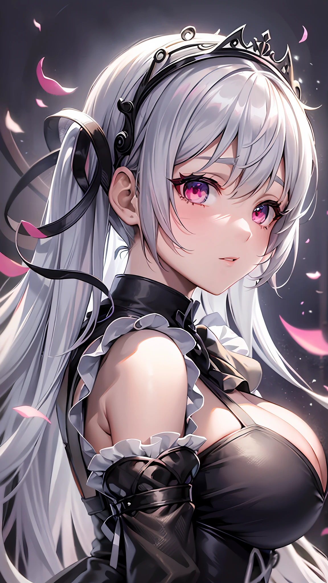 a close up of a woman in a dress with a white and black dress, gothic maiden anime girl, anime girl wearing a black dress, cute anime waifu in a nice dress, anime girl in a maid costume, an elegant gothic princess, guweiz, guweiz on pixiv artstation, guweiz on artstation pixiv, beautiful anime girl