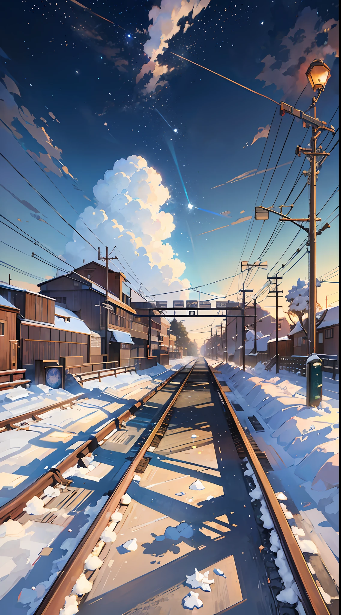 There is a train running along the tracks in the snow, Makoto Shinkai's concept art, tumblr, magic realism, beautiful anime scenes, cosmic sky. by makoto shinkai, ( ( makoto shinkai ) ), anime background art, anime backgrounds, Makoto Shinkai's style, anime movie backgrounds, galaxy express, no humans. --auto --s2