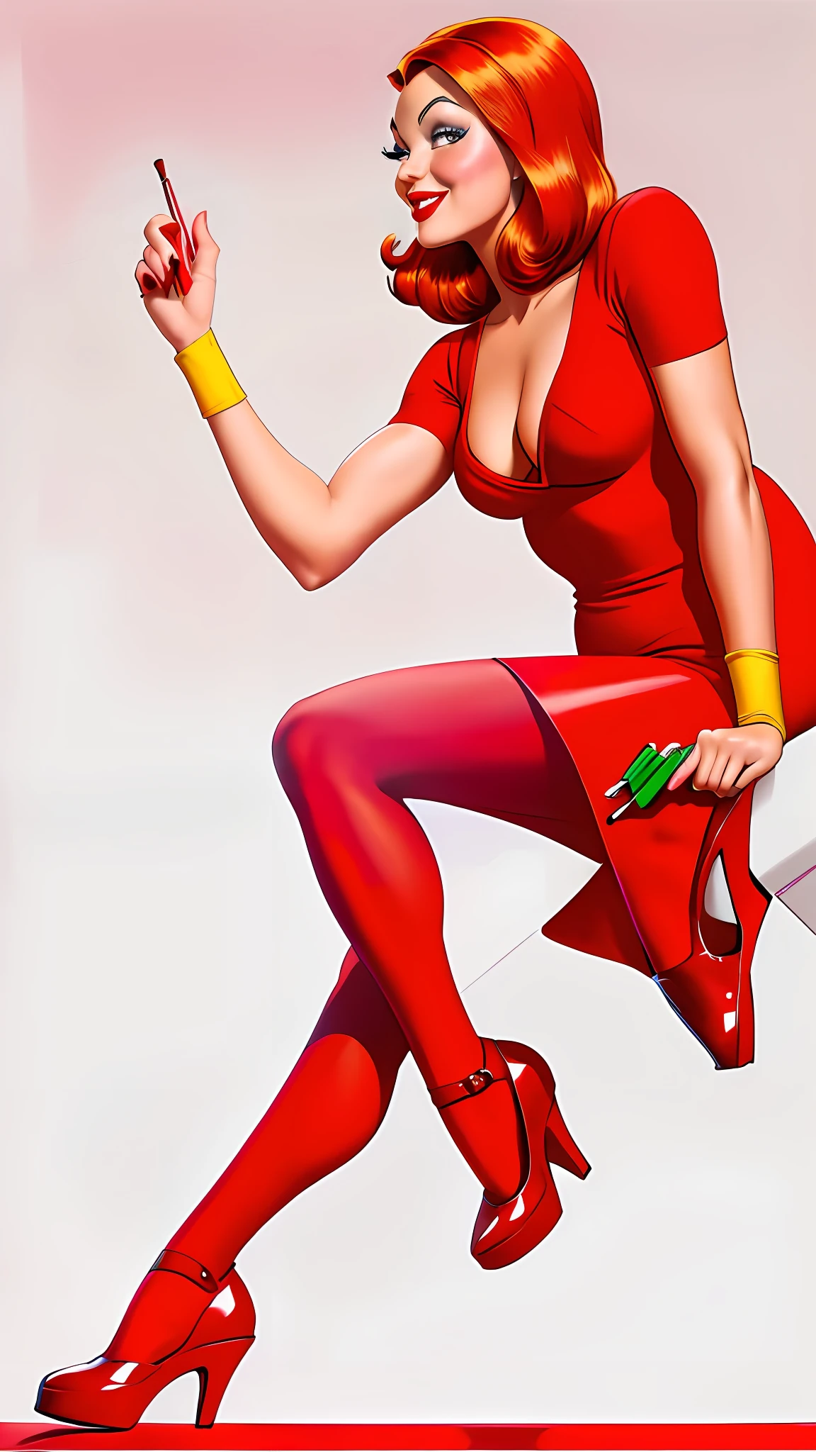 Painting of Woman in red dress is sitting on a platform, comic pinup style, inspired by Mary Jane Begin, inspired by Vargas pinup, hyper realistic, bright colors, bright socks, high heels