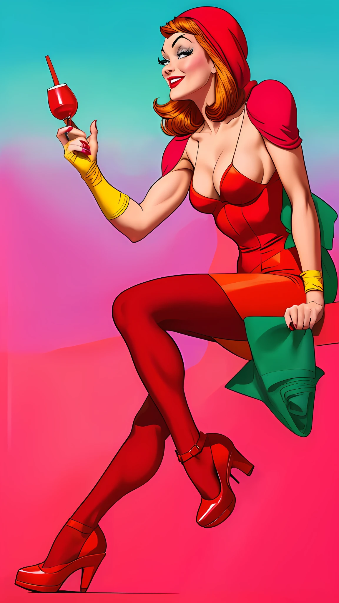 Painting of Woman in red dress is sitting on a platform, comic pinup style, inspired by Mary Jane Begin, inspired by Vargas pinup, hyper realistic, bright colors, bright socks, high heels