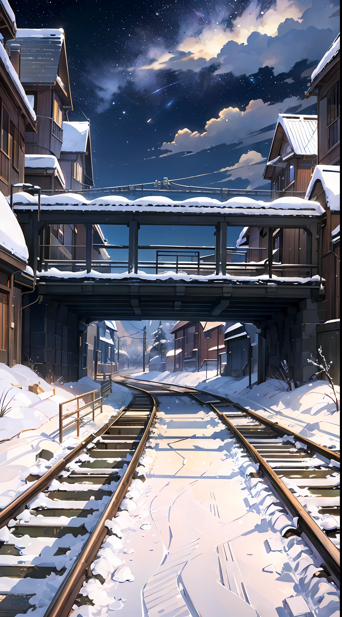 There is a train running along the tracks in the snow, Makoto Shinkai&#39;s concept art, tumblr, magic realism, beautiful anime scenes, cosmic sky. by makoto shinkai, ( ( makoto shinkai ) ), anime background art, anime backgrounds, Makoto Shinkai&#39;s style, anime movie backgrounds, galaxy express, no humans. --auto --s2