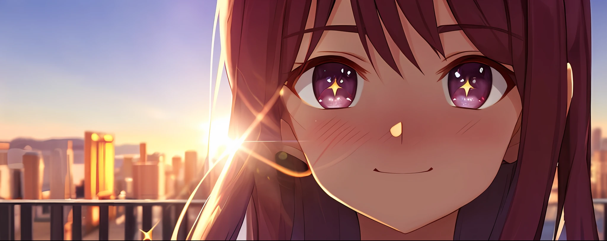 best quality, high detailed, weak lips, UC: realistic, cinematic lighting petite 1girl burgundy indigo hair eye focus, macro photo of eyes, super shredded eyes, seductive nose embarrassed blush smile school_Uniform, Las Vegas, warm light sunset, rays light sparkles lens flare deep shadows, depth of field scenery unparalleled sentimental