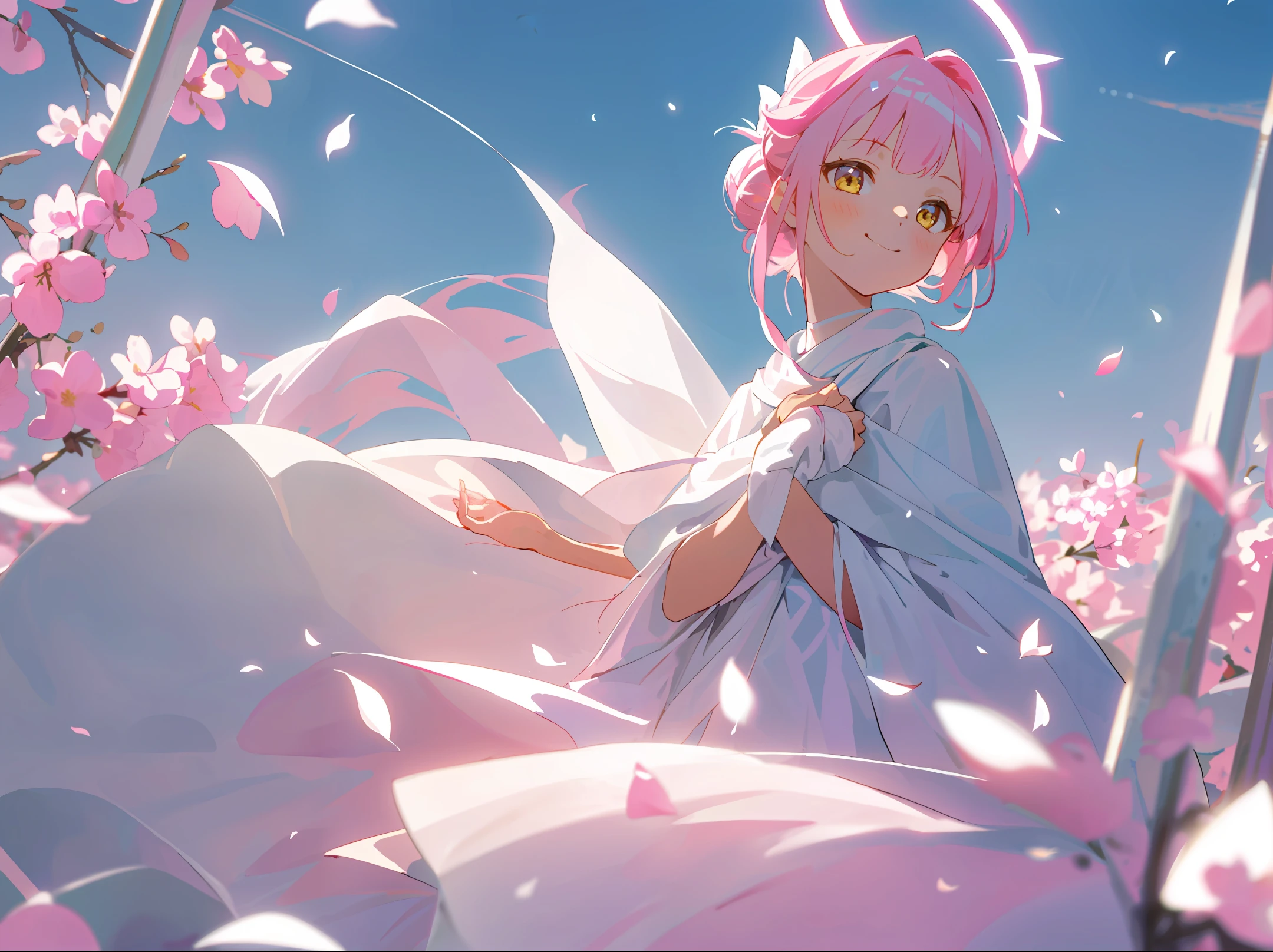 Masterpiece, Superb Quality, High Resolution, 1girl, White Shawl, White Bow, White Dress, Pink Hair, Yellow Eyes, Single Bun, Halo, White Silk (Outdoors), Petals, Pink Theme, Smile,, Movie