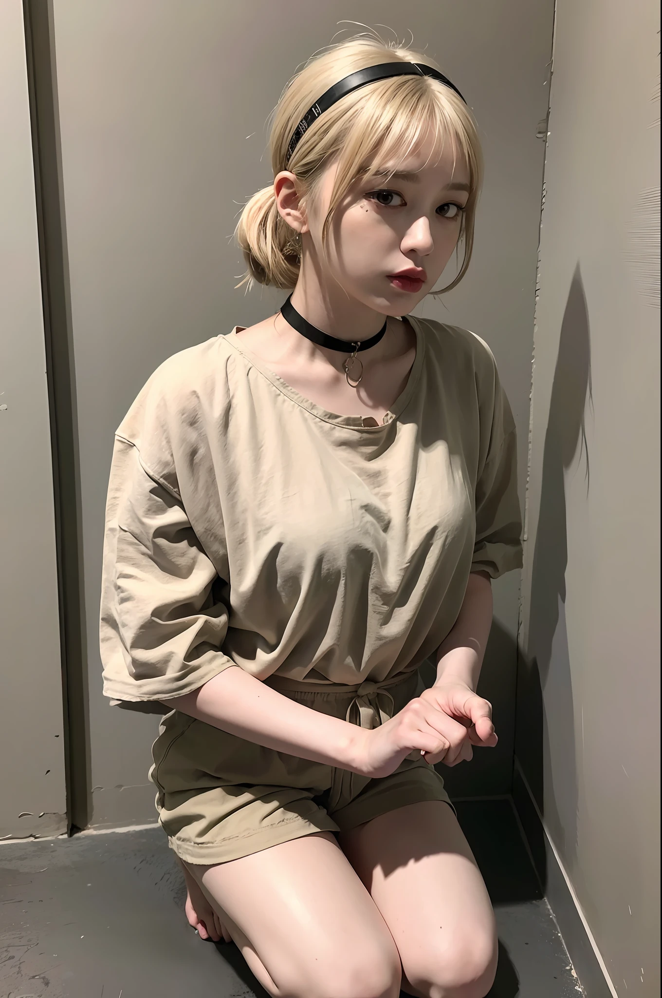 (8k:1.27), best quality, masterpiece, ultra highres:1.2), arrested lesbian goth delinquent girl with arm tattoos, tattooed girl, full body picture, beige oversized knotted prisoner t-shirt with black letters, short big sleeves, beige inmate prison uniform, beige short inmate pants, dyed green hair, dyed blonde hair, short bob hairstyle, high ponytail, hair bangs, kneeling in a prison cell, handcuffed, hands tied with rope behind body, submissive neck choker, dog collar and leash in neck, 4k or 8k picture, looking down sad, paisley bandana ribbon hairband, nose septum piercing, wearing dirty old clothes, smelly, barefoot