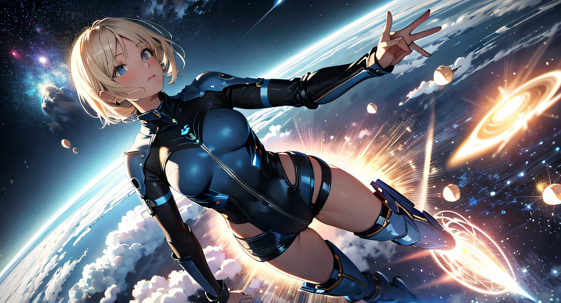 Absurd resolution, high resolution, (masterpiece: 1.4), super detailed, girl one, from above, futuristic, psychic, space, floating, blonde, petite, short hair, space-time, long boots, white and blue costume
