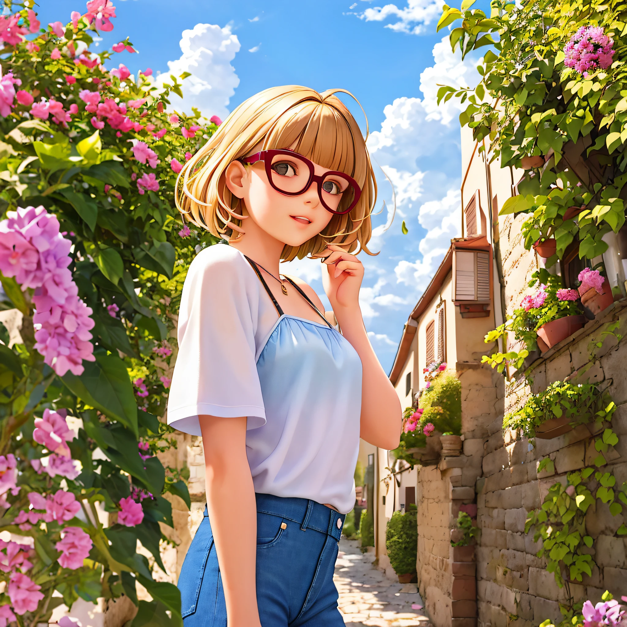 A 13-year-old French girl is in a vineyard on the outskirts of Beaune, France. Height 150 cm. Wavy short-cut hair mixed with brown and blonde, straight bangs, beauties in glasses, small breasts, white camisole. The pants are denim. Brown frame glasses.