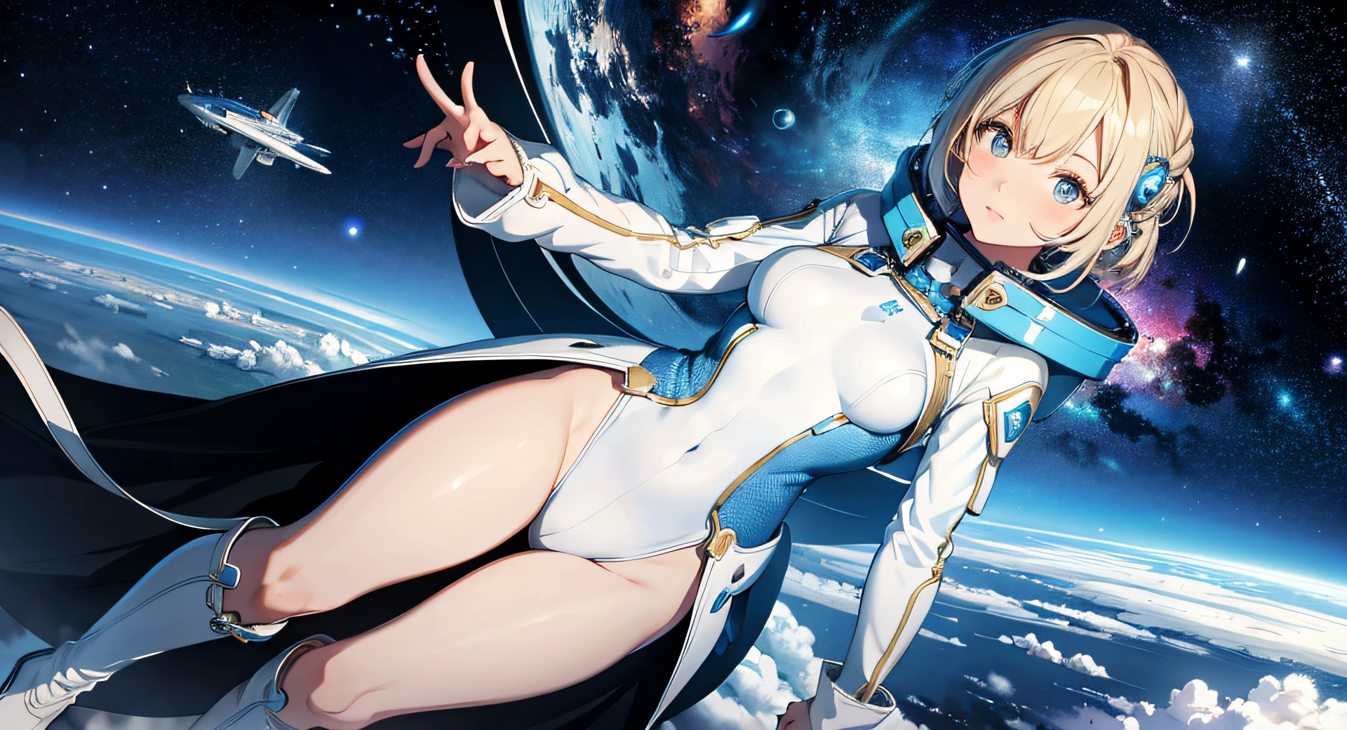 Absurd resolution, high resolution, (masterpiece: 1.4), super detailed, girl one, from above, futuristic, psychic, space, floating, blonde, petite, short hair, space-time, long boots, white and blue costume