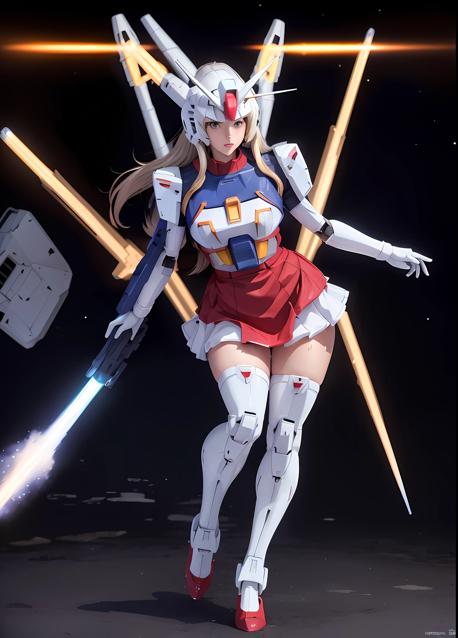 (top quality), (masterpiece), personification of Mobile Suit Gundam F91, nsfw, amazing highlights of the upper body, powerful mechs, girl with beam rifle, absolute area, moist wet slightly thick thighs, dignified full-body pose, short skirt, beautiful lighting