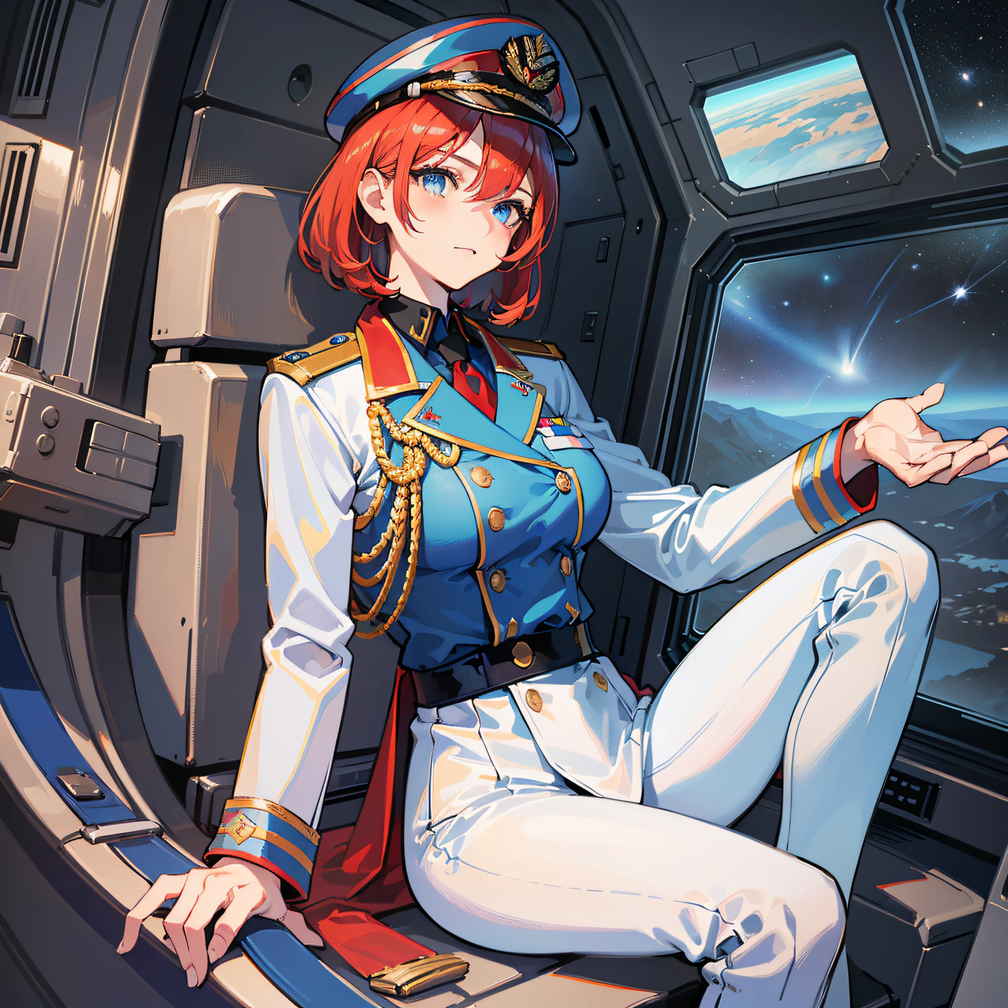((Masterpiece)), ((Highest Image Quality)), ((Best Quality)), (Illustration of One Girl), Full Body, 25 Years Old, Short Red Hair, (Thin Hair on Both Sides of Face), Blue Eyes, (((Tall)), ((Muscular Strong Body)), ((Manspreading)), Open Legs, (((Military Uniform)), (Military Hat)), (Military Coat)), (White Clothes), (White Pants), (White Hat), Trench Coat, ((Inside the Spaceship, Sitting in the Captain's Seat)), (Outside the Window, Space, Earth as seen from space)
