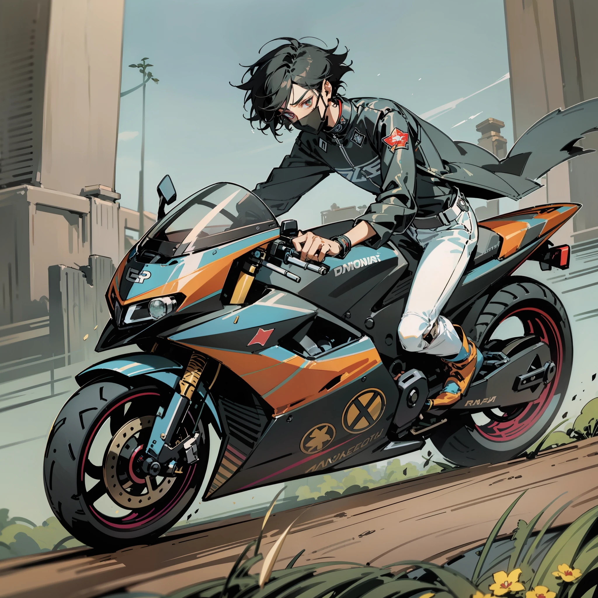 Tarot cards, androgynous beautiful motorcycle racers, male male!! Short black hair!! Caramel color pupils, delicate eyes, slender figure, pure and colorful, beautiful as a fairy, very charming, wearing a black mask mask!! Wear sunglasses and sunglasses!! Ride a moto and ride a moto!!
