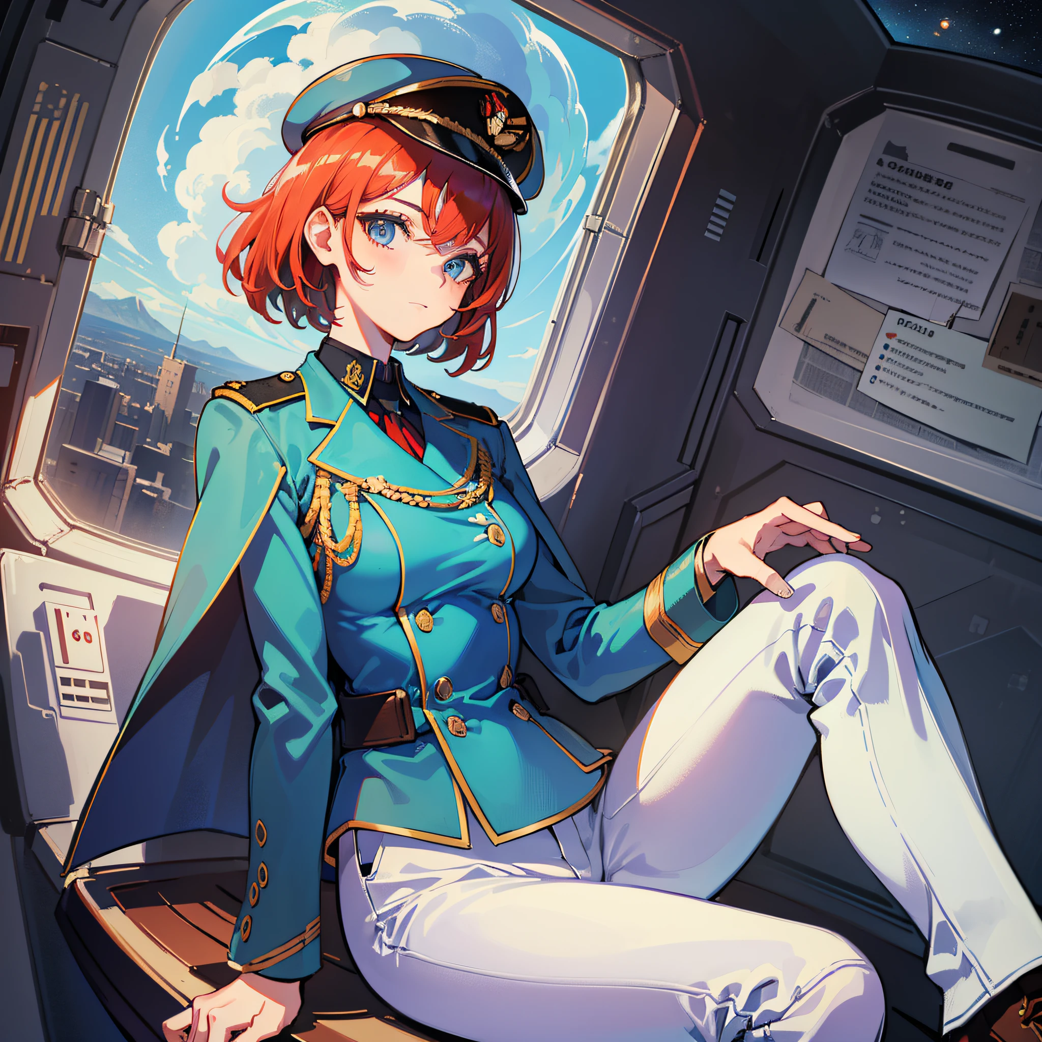 ((Masterpiece)), ((Highest Image Quality)), ((Best Quality)), (Illustration of One Girl), Full Body, 25 Years Old, Short Red Hair, (Thin Hair on Both Sides of Face), Blue Eyes, (((Tall)), ((Muscular Strong Body)), ((Manspreading)), Open Legs, (((Military Uniform)), (Military Hat)), (Military Coat)), (White Clothes), (White Pants), (White Hat), Trench Coat, ((Inside the Spaceship, Sitting in the Captain's Seat)), (Outside the Window, Space, Earth as seen from space)